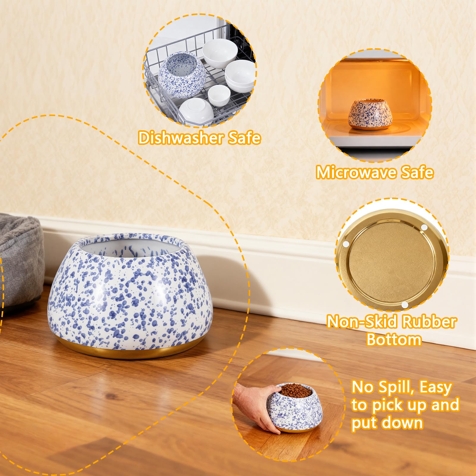Ceramiczne miski dla psów, długie uszy duże psy miski na wodę i karmę - bez rozlania miska dla zwierząt biała z niebieskimi plamkami, cocker spaniel beagle bassett hound