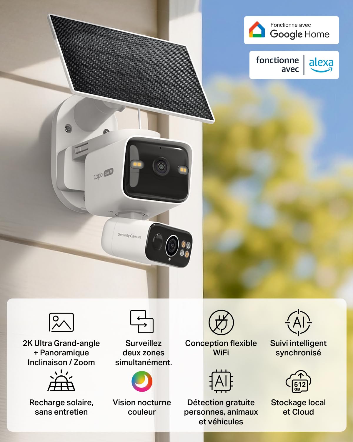 Tapo C645D KIT Caméra Extérieur sans Fil Solaire 2K Double Objectif – Caméra Surveillance WiFi Extérieure sans Fil 360°, Détection IA Personne/Véhicule/Animal, Suivi Automatique, Batterie 10000mAh