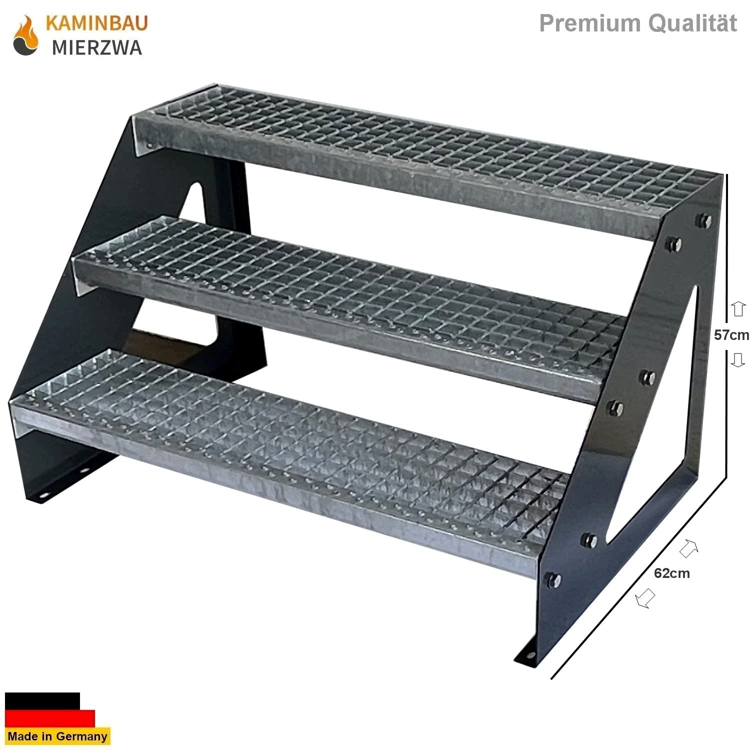 Premium Caillebotis acier Escalier à limon 3 Marches Autoportant Entièrement galvanisé et Anthracite Limons revêtus de poudre - Dimensions (L x l x H) 63cm x 120cm x 57cm
