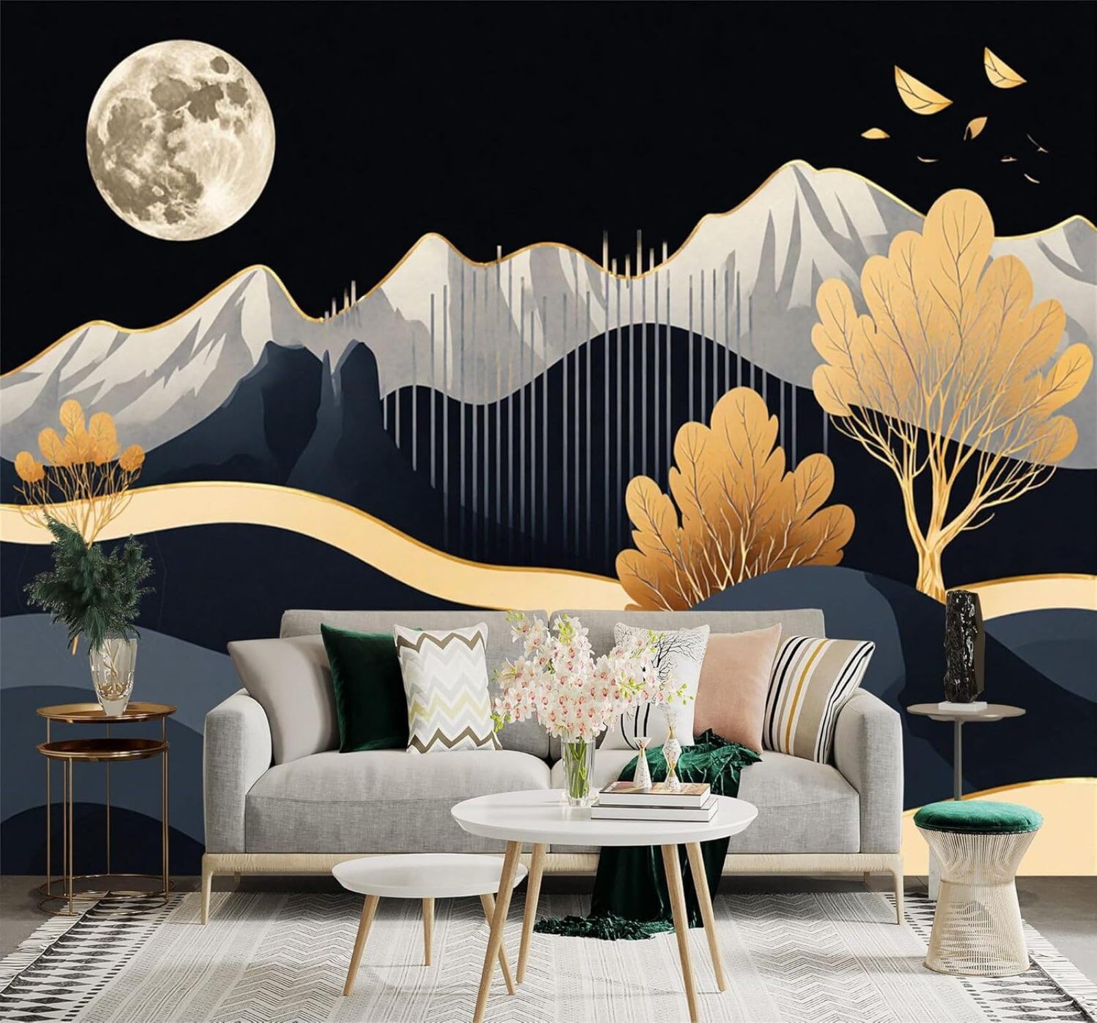XLMING Creative Golden Trees Moonlight Mountain Scenery Night Sky 3D Wallpaper Silky Texture Home Study Office Grey Dining Room Sofa Bedroom Living Room TV Backdrop-250cm×170cm