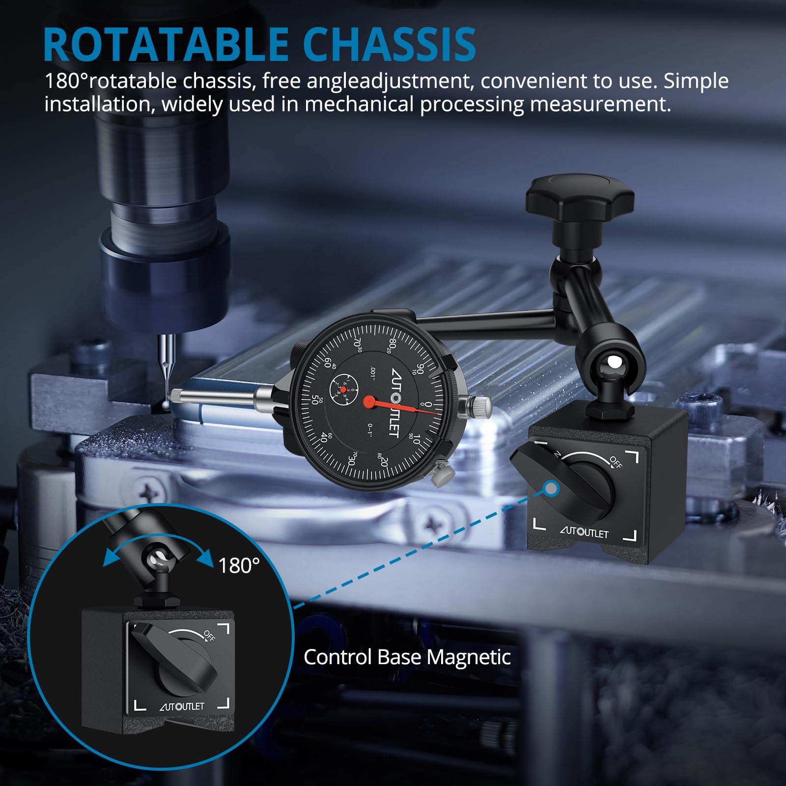 AUTOUTLET Comparador de Cuadrante Calibre con Indicador de Cuadrante de 0-20 mm con Base Magnética de 132 lb/60 kg