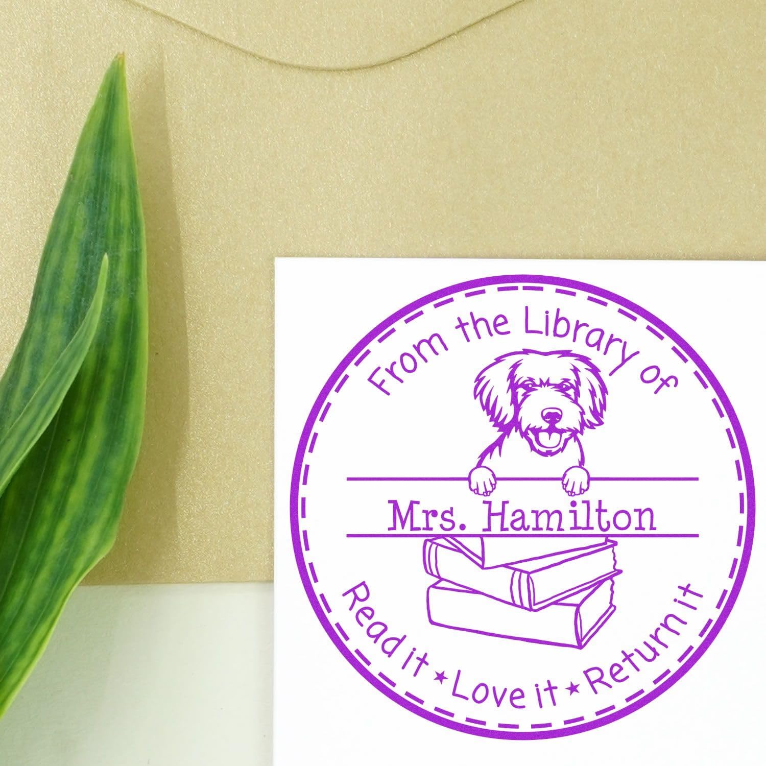 Self-Inking Round Miniature Golden Doodle Peeking Dog Personalized Teacher Library of Stamp, Miniature Golden Doodle Library of Stamp, Available in 11 Ink Colors, Customized, Size 1-5/8"