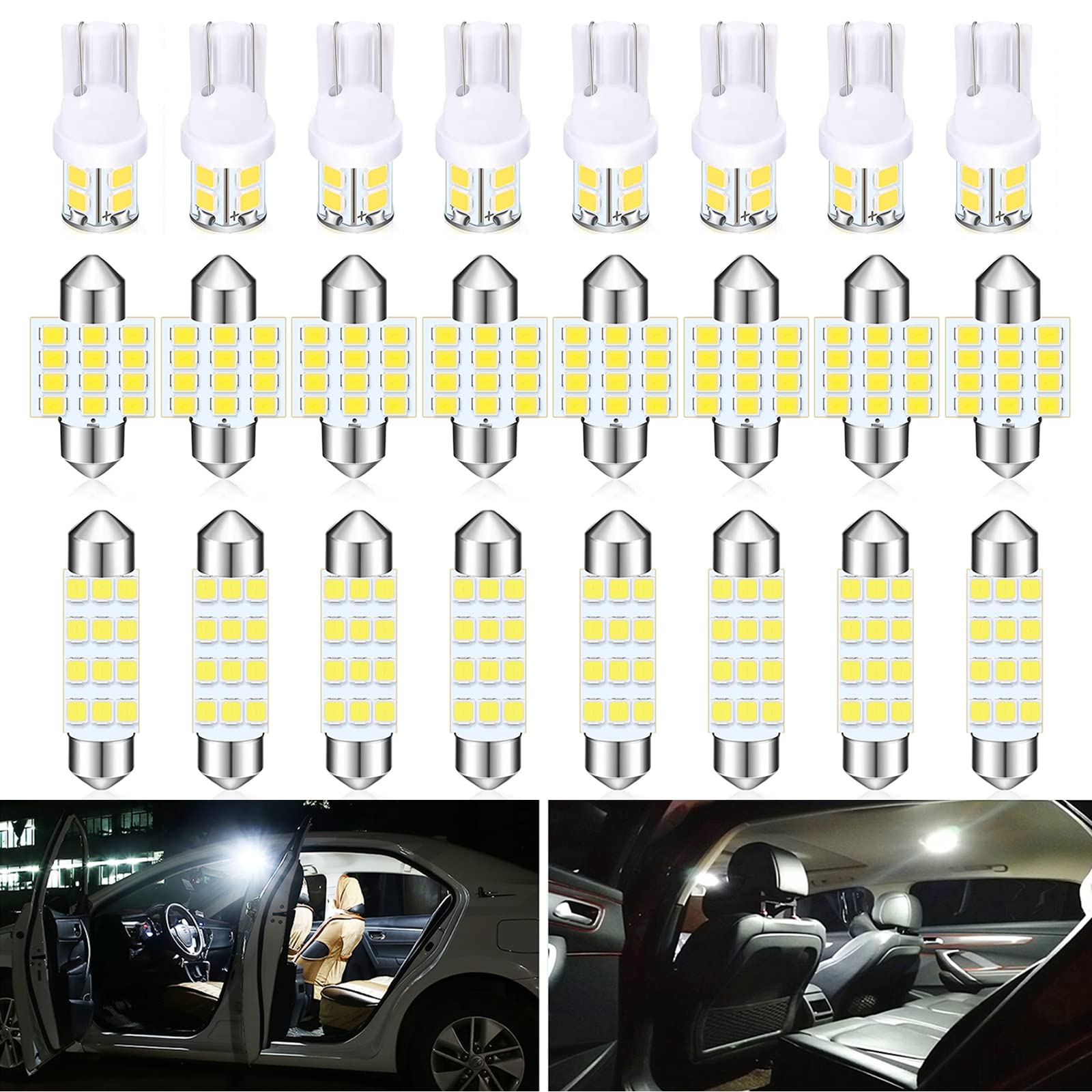 24 PCS Interior Car Lights Dome Light LED Car Bulb Kit, T10 31 mm 42 mm LED Festoon Bulbs LED Replacement Bulbs for Car Dome Map Door Courtesy License Plate Lights (White)