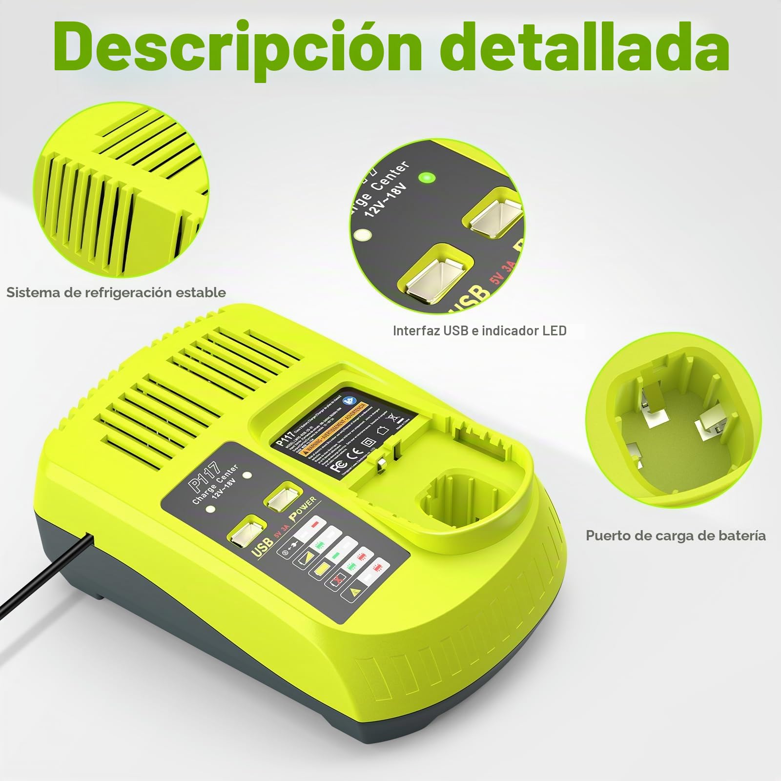 LabTEC P103 18 V 3000 mAh Batería de repuesto para Ryobi BPL1815 P102 P104 P105 P106 con puerto USB P117 Recambio P117 12V-18V One Plus Series, juego de cargadores USB Ryobi P107 P108