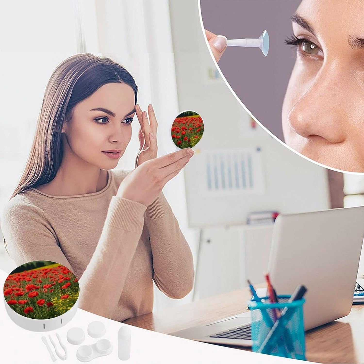 Red Poppy Field Farm Meadow Landscape Contact Lens Case Portable Contact Case Soak Storage Kit Cute Contact Lens Solution Bottle with Mirror Tweezers Solution Soaking Cases for Daily Travel Outdoor Us