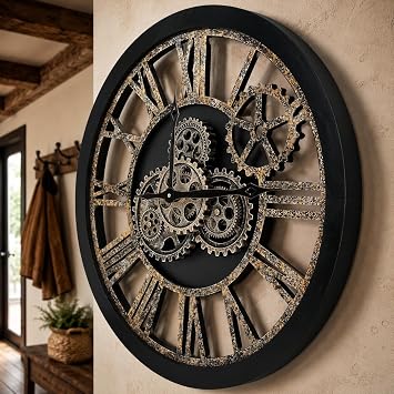 The B-Style 24 inch Wall Clock, Black and Bronze | oving Gear//Oversized Vintage Farmhouse/Living Room Decor/Rustic Industrial/Wood Clock/Housing Warming Gifts