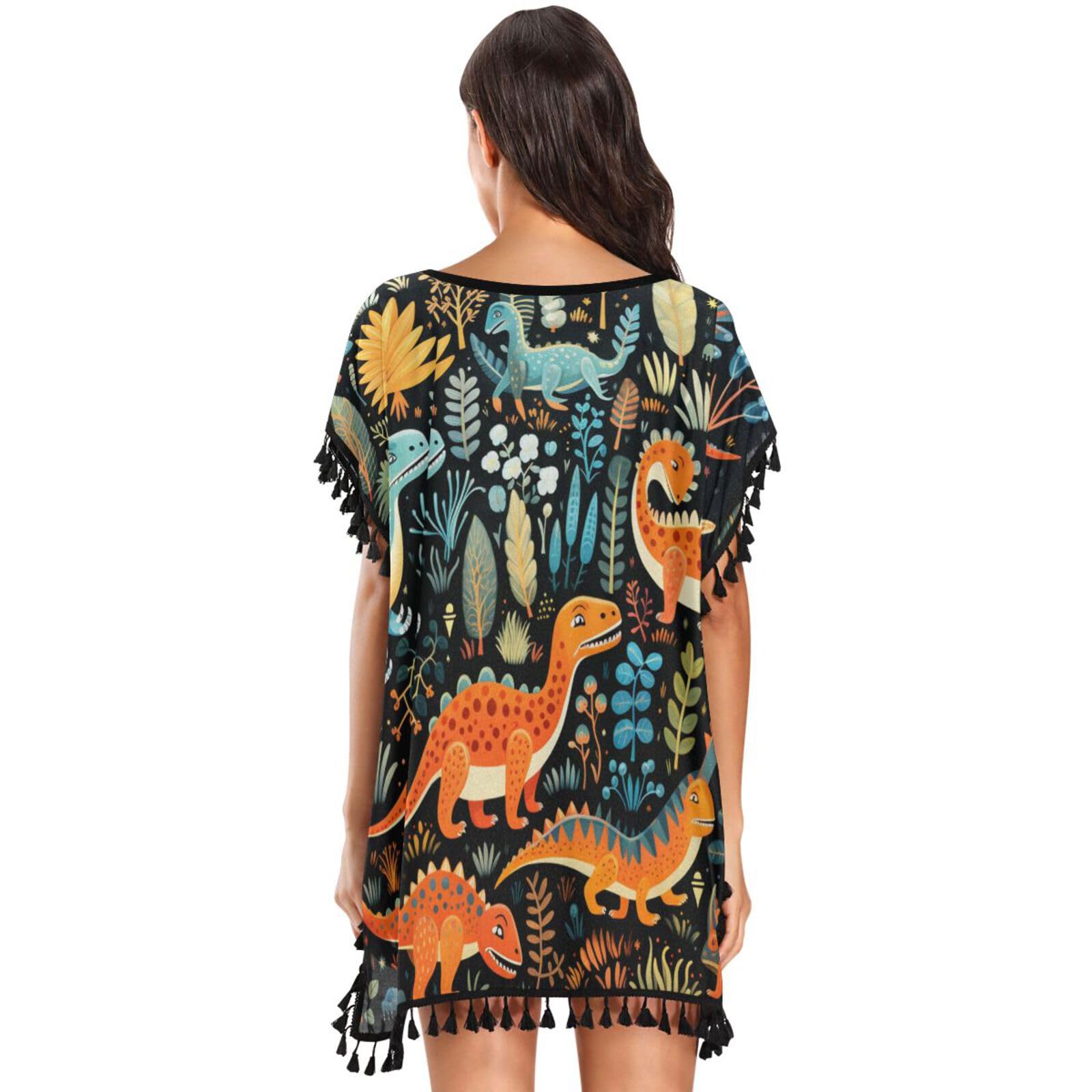 Black Dinosaurs Tree Art Women's Beach Cover Up Chiffon Tassel Swimwear Swimsuit Coverups for Girl