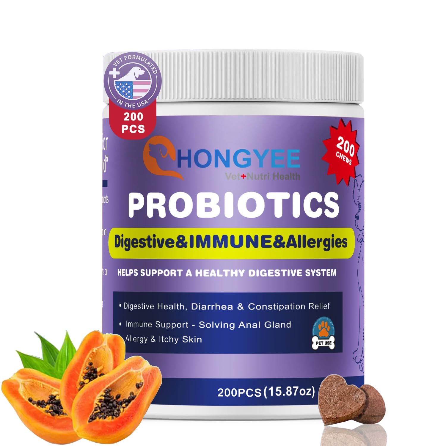 Probiotici & Enzimi Snacks 200 Pezzi, Con Papaya, Zucca, Krill oi, Per Cani, Salute intestinale dei gatti, Nessun Odore, Costipazione, Diarrea, Glanda anale, Digestione, Veterinario Approvato -450g