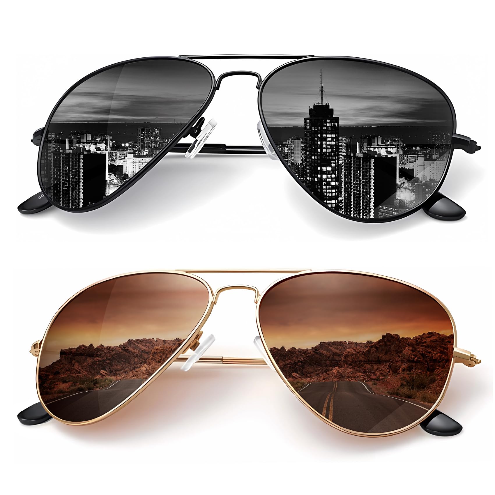 KALIYADI Classic Aviator Sunglasses for Men Women Driving Sun glasses Polarized Lens UV Blocking E (2 Pack) Black/Brown 62 Millimeters 2