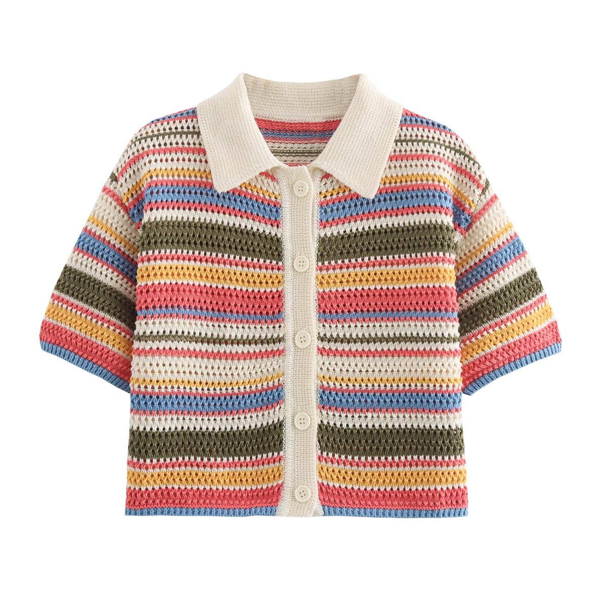 Cardigan Mujer,Suéter De Punto Corto para Mujer Camisetas De Verano Cárdigan A Rayas Abotonado Ligero De Manga Corta Chaqueta De Encogimiento De Hombros Suéteres Tops Cortos