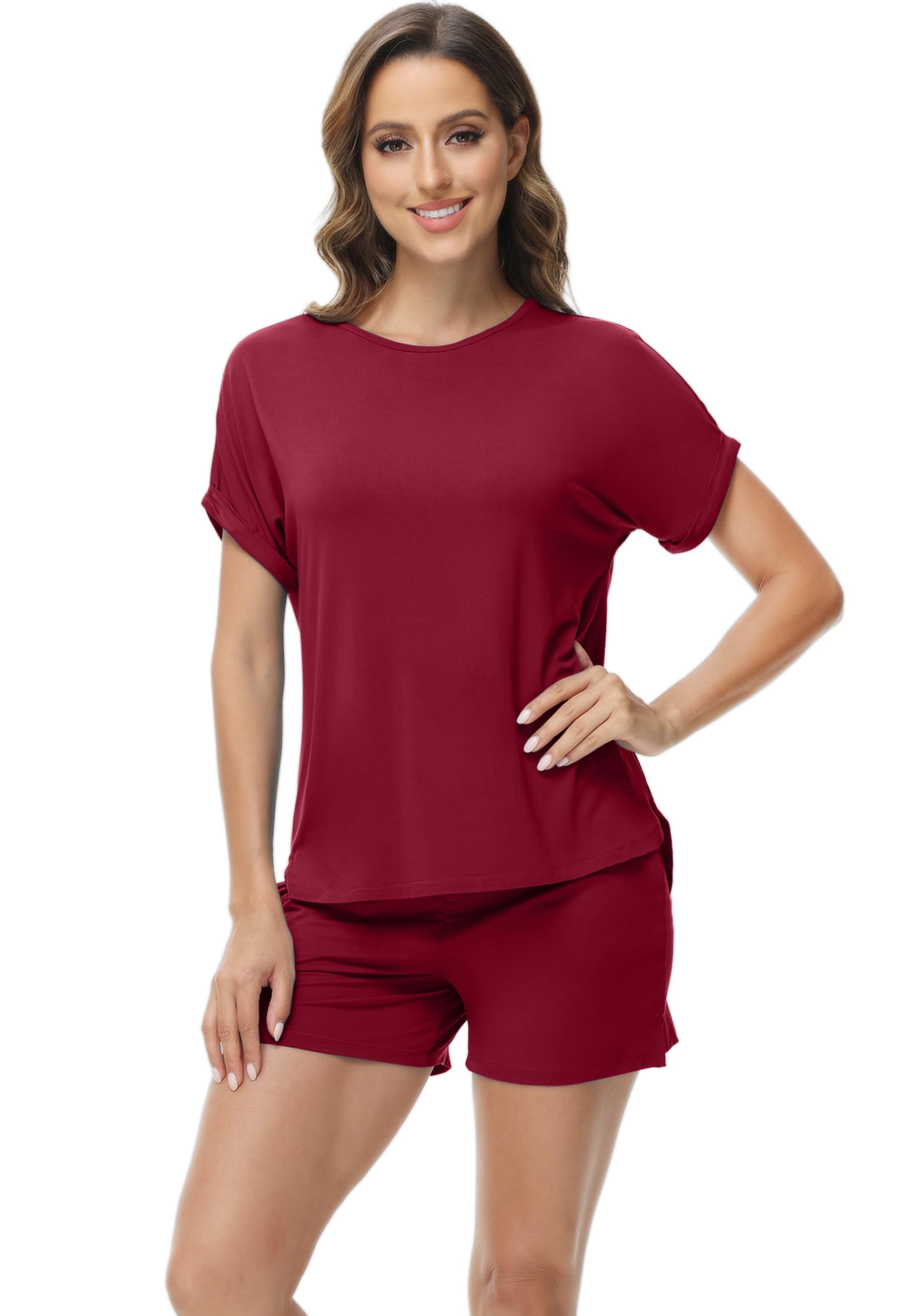 WiWi Schlafanzug-Set aus weicher Viskose aus Bambus, für Damen, Sommer, kurzärmelig, Oberteil mit Shorts, kühlende Nachtwäsche, S-XXL
