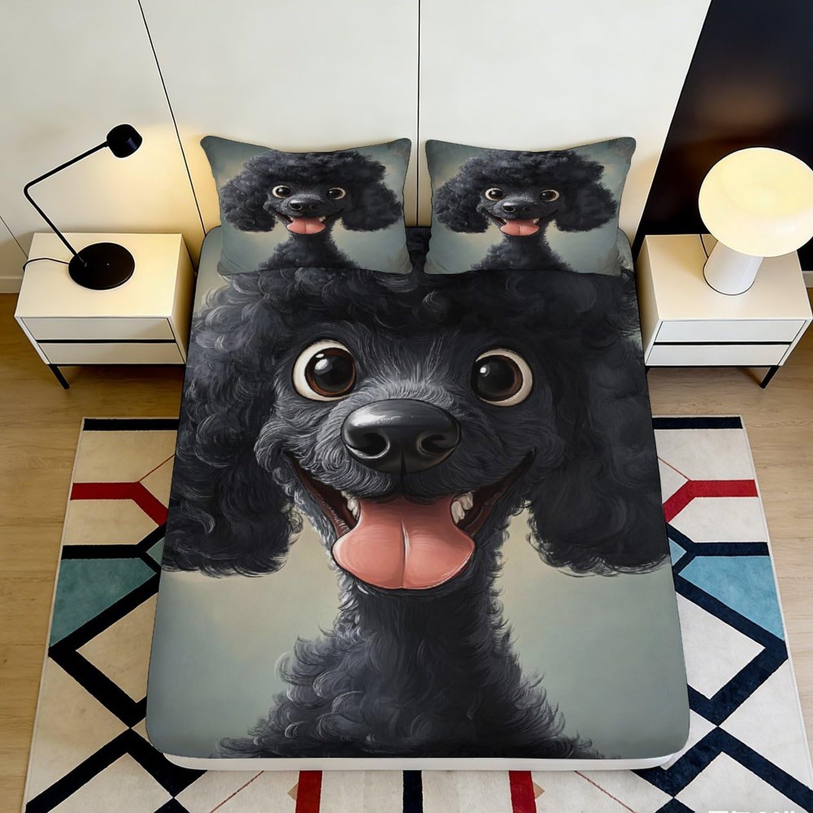 3D Printed Black Poodle Dog Fitted Sheet Microfiber Soft Anti-Slip Cartoon Animal Mattress Cover for Bedroom Dorm Room Decor 180x200x25cm