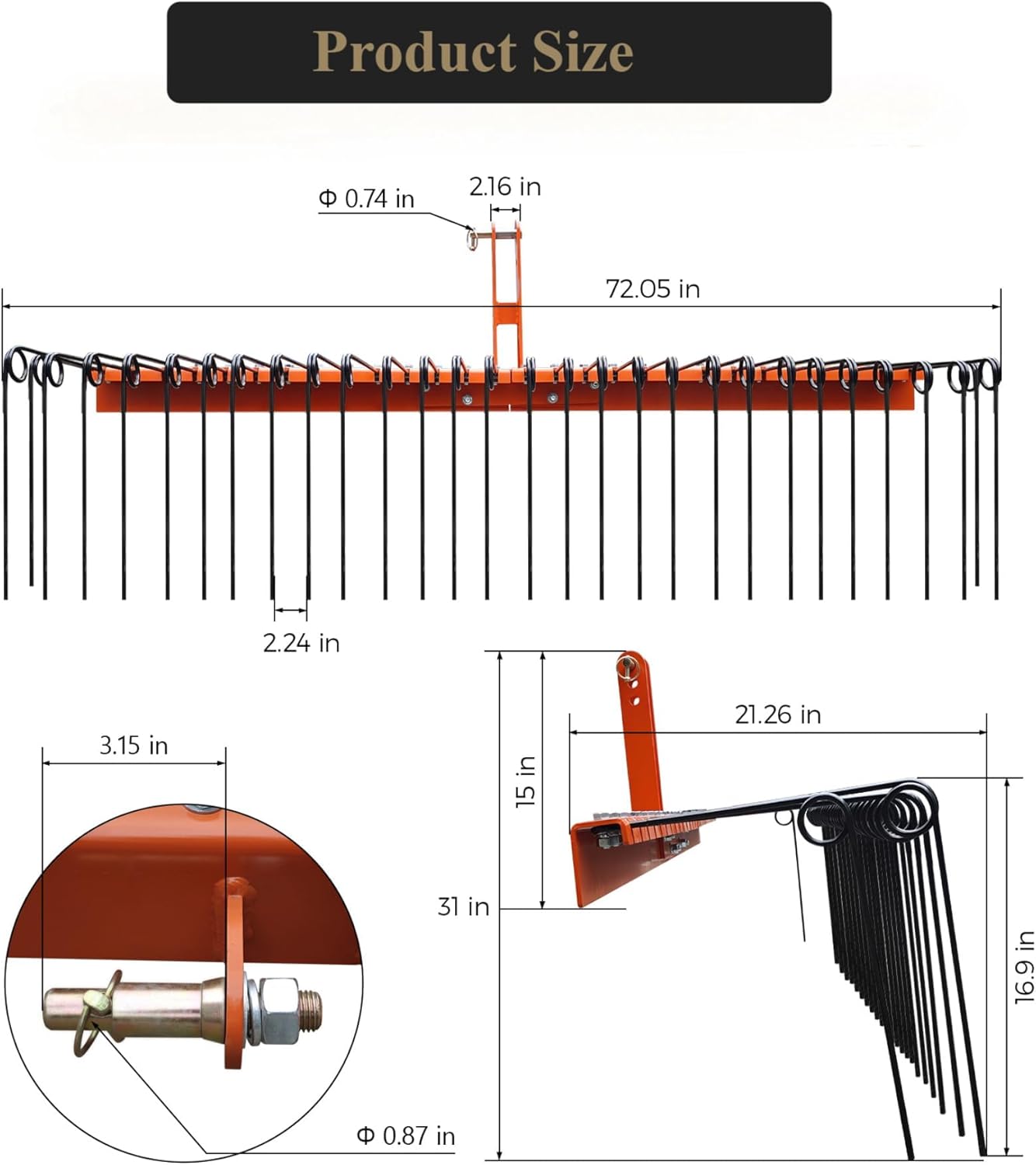 72" Tow Behind Landscape Rake, Tractor Rake with 30 Steel Tines, 3 Point Quick Hitch for Category 1 Tractors, for Dethatching, Clearing Leaves & Debris