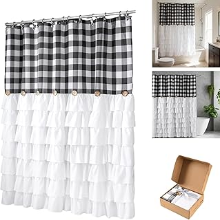 Farmhouse Ruffle Buffalo Check Shower Curtain Tall 72x72 Inch with Coconut Buttons, Decorative Bathroom Elegant Unique White Ruffle Design for Bathroom Bathtubs Decor