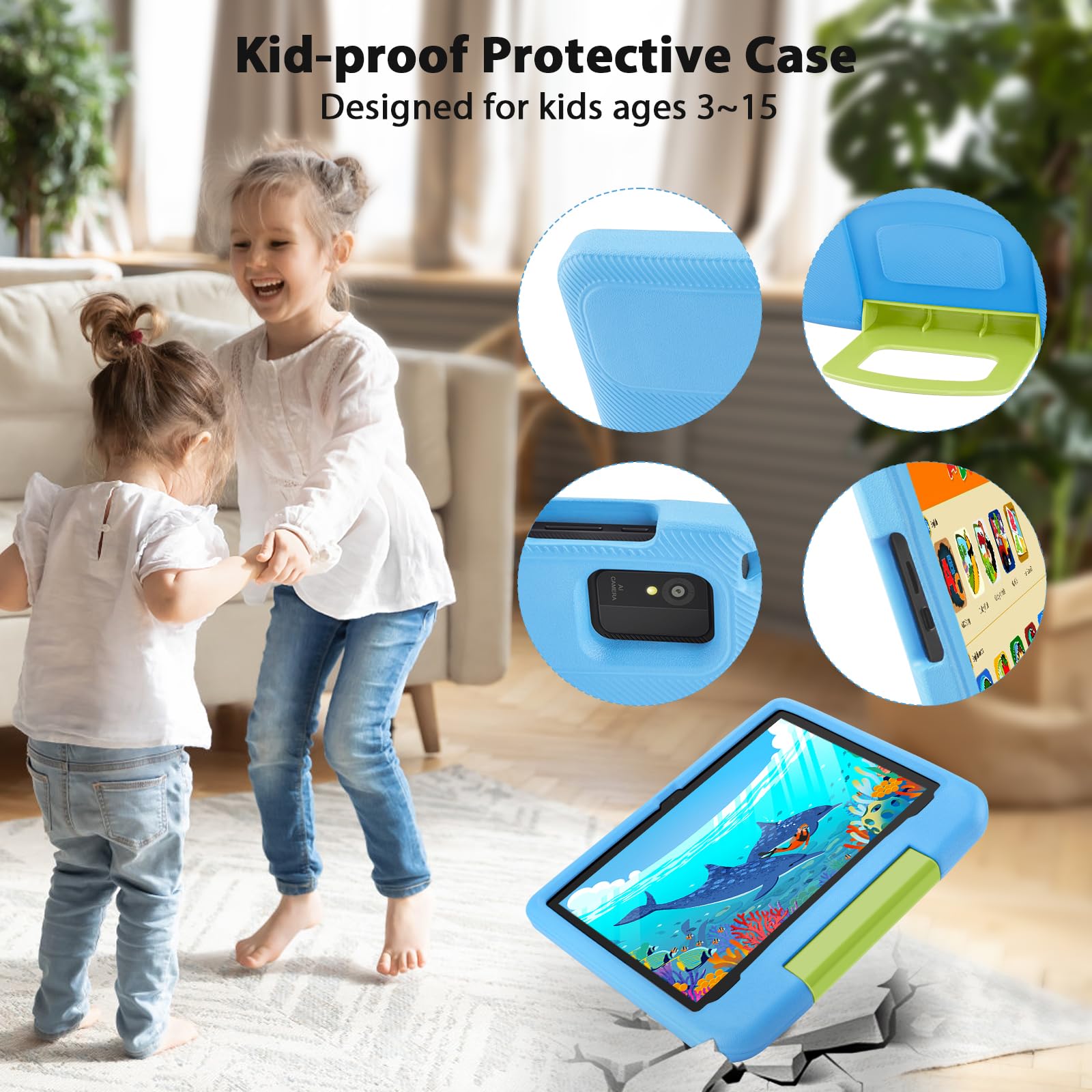Tablet per bambini da 10 pollici, Android 14, Octa-Core 8 (4+4) GB+64 GB, dispositivo IPS HD per bambini, WiFi 6, doppia fotocamera, GMS, modalità di controllo parentale (custodia EVA blu)
