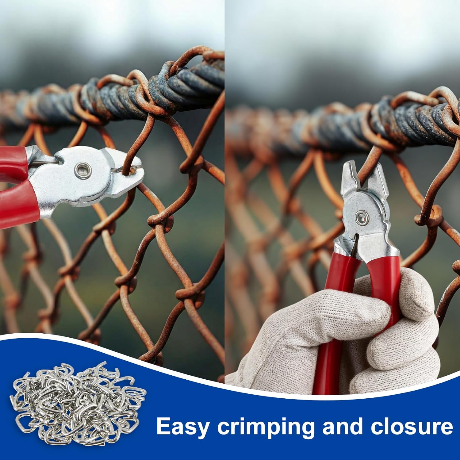 300 Pcs Hog Rings with 2 Pcs Hog Ring Pliers Kit, Straight & 45° Bent, 3/4", 1/2", 3/8" Galvanized Steel, a Pair of Gloves for Animal Cages Ropes, Bags, DIY Crafts Seat Repairs ＆ Auto Repairs