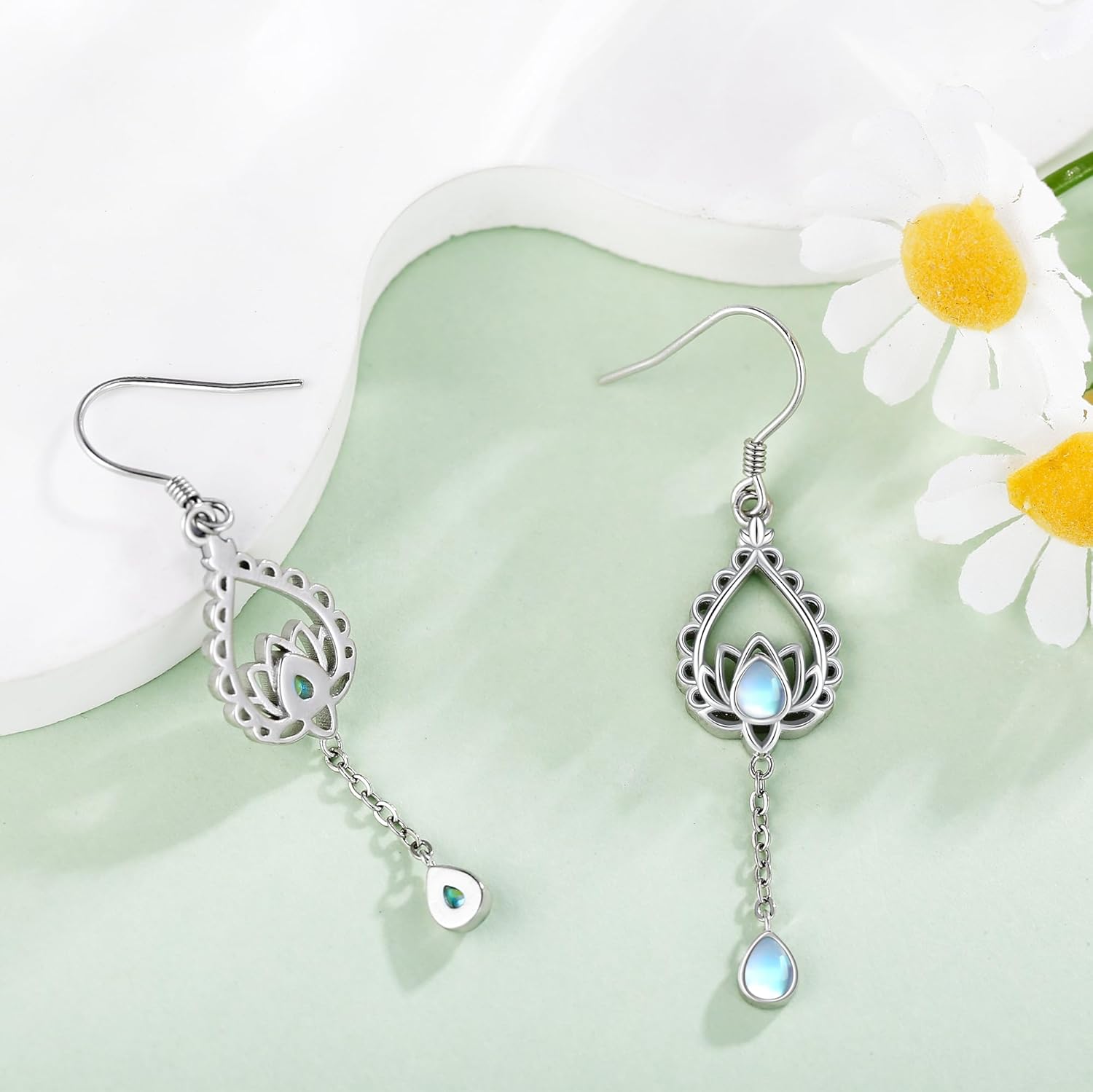 Lotus Earrings 925 Sterling Silver Moonstone Yoga Dangle Drop Earrings Lotus Mother's Day Jewelry for Women Mom - Image 3