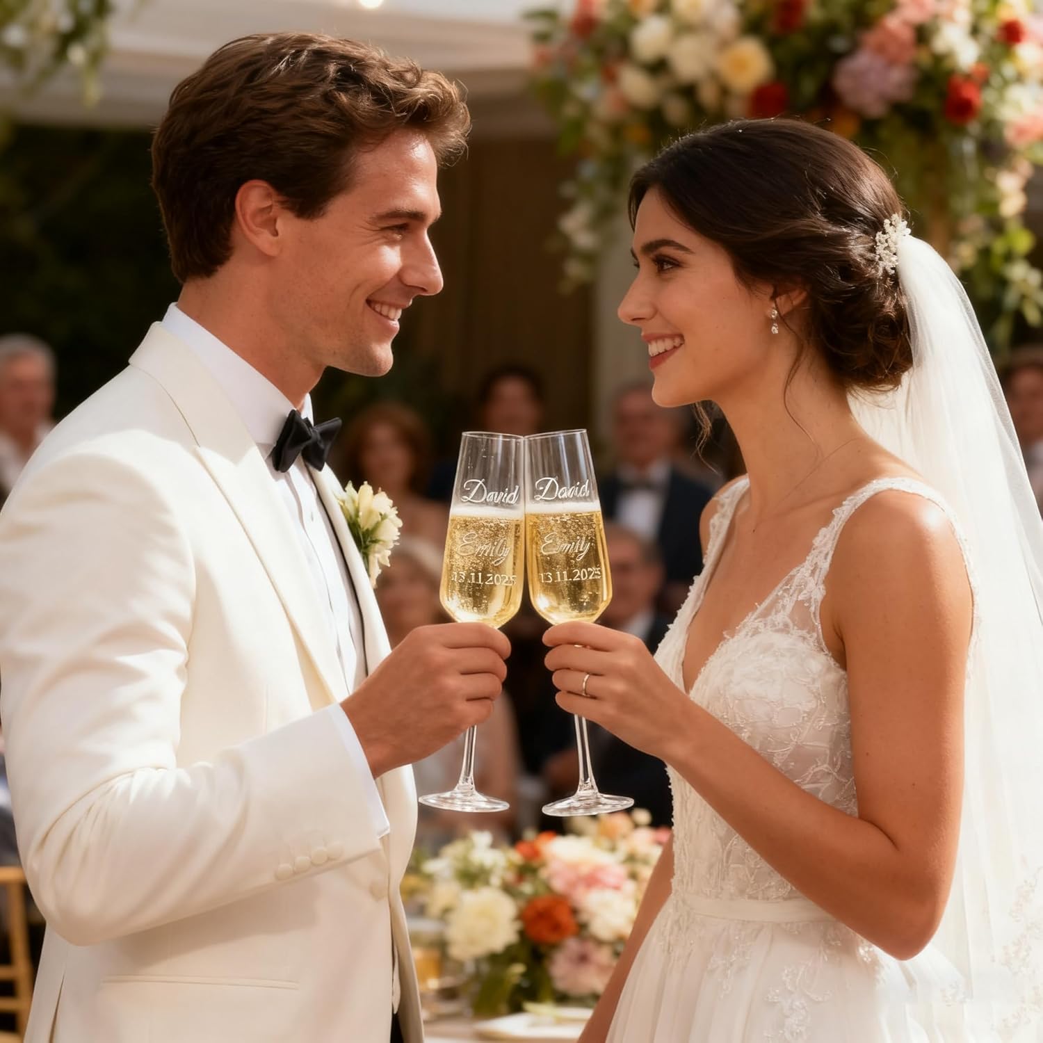 Personalized Champagne Glasses Set of 2 - Custom Wedding Glasses with Gift box - Champagne Flutes Engraved Mr and Mrs Custom Stemmed Glassware Gift for Engagement, Bridal Shower, Anniversary