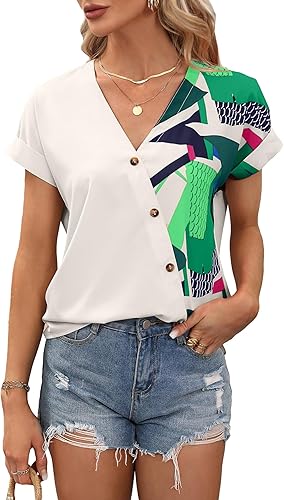 SOLY HUX Blouses for Women 2023 Short Sleeve Blouse V Neck Button Gauze T Shirts Summer Tunic Tops Casual Tees