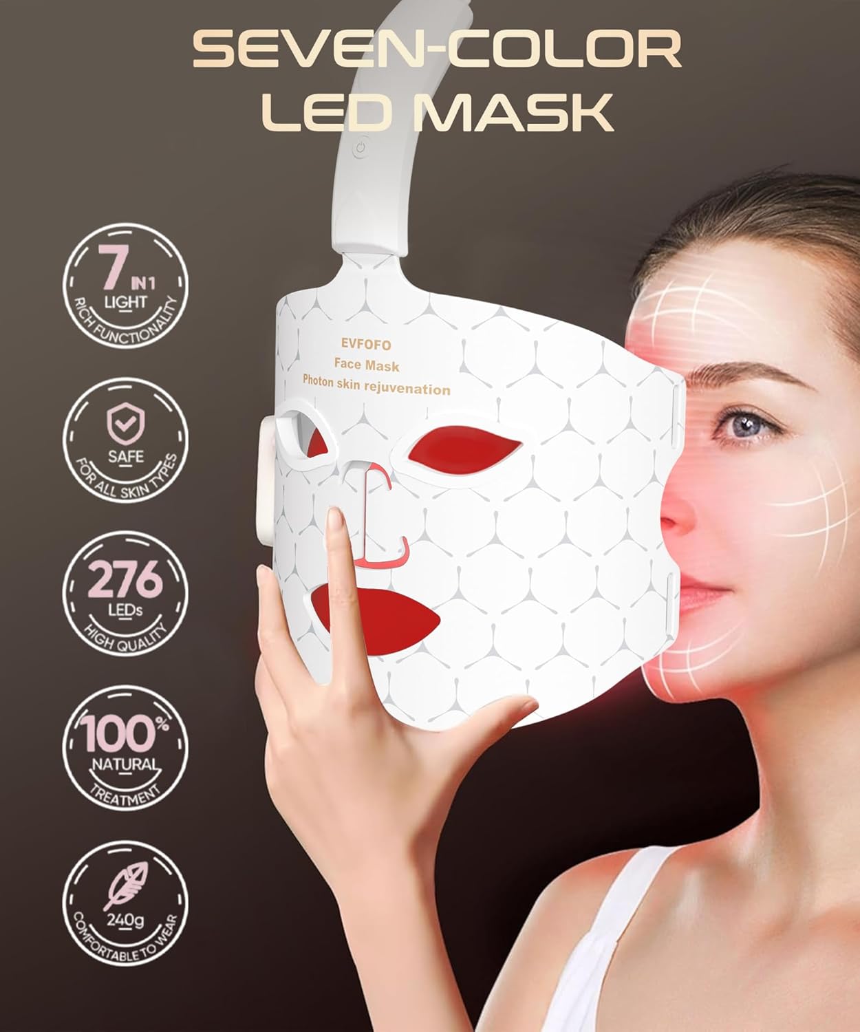 Red Light Therapy for Face with with 850NM Near Infrared MASK, 7 Colors LED Face Mask Light Therapy,1200mAh Rechargeable Remote Red Light Therapy Mask Set, White