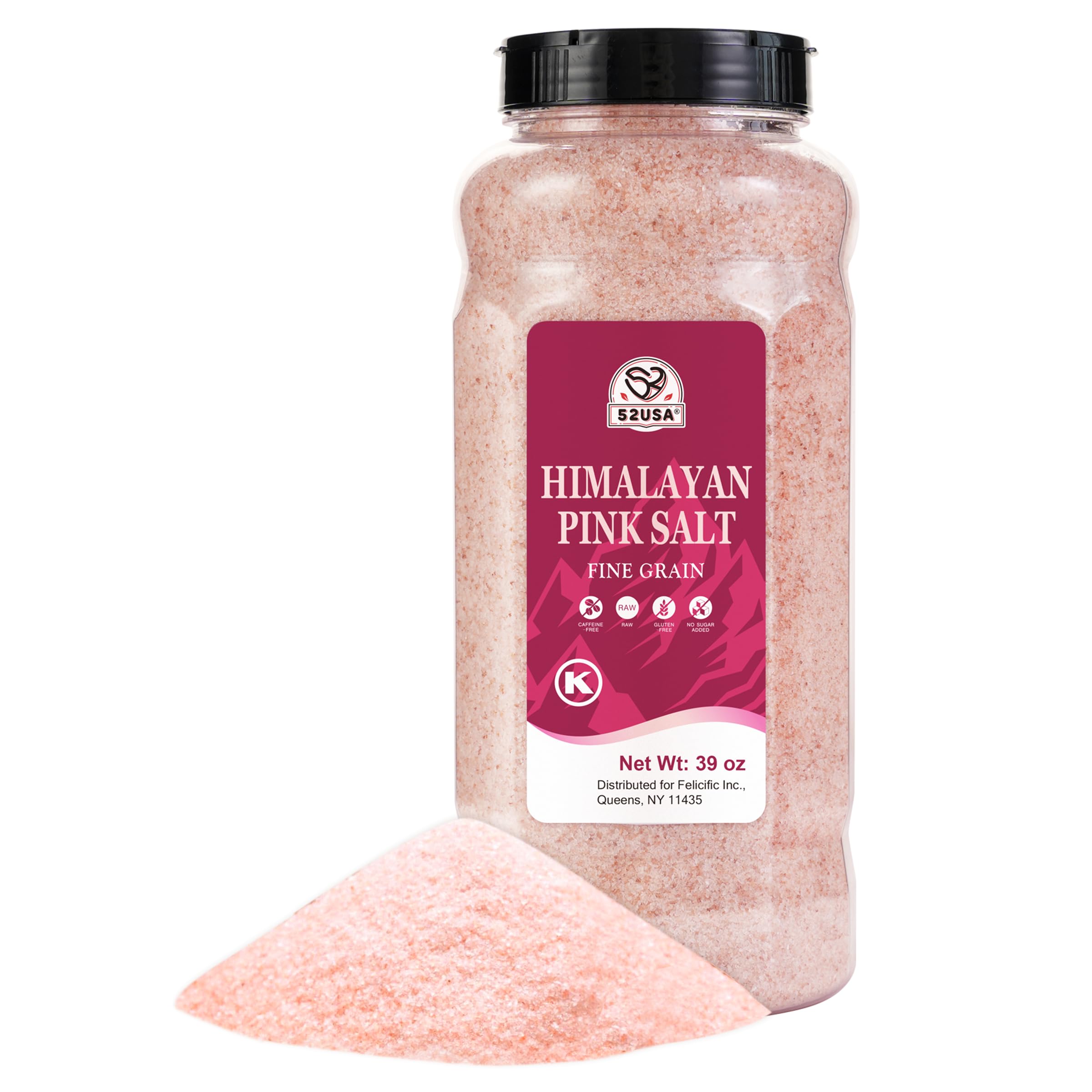 52USA Himalayan Pink Salt, Fine Grain, 39oz (2.4 LB), Pink Himalayan Sea Salt, Himalayan Salt, Kosher Salt, Rock Salt for Grinder Refill