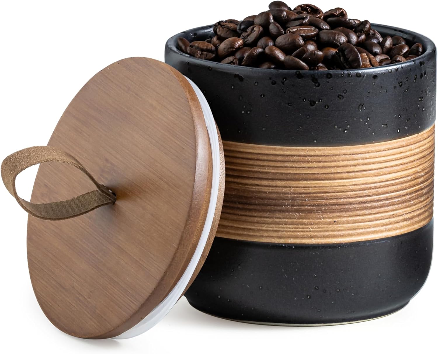 ceramic jar with lid, coffee container kitchen food storage jars for spice sugar tea bag, stackable decorative jars for countertop, black & 18oz