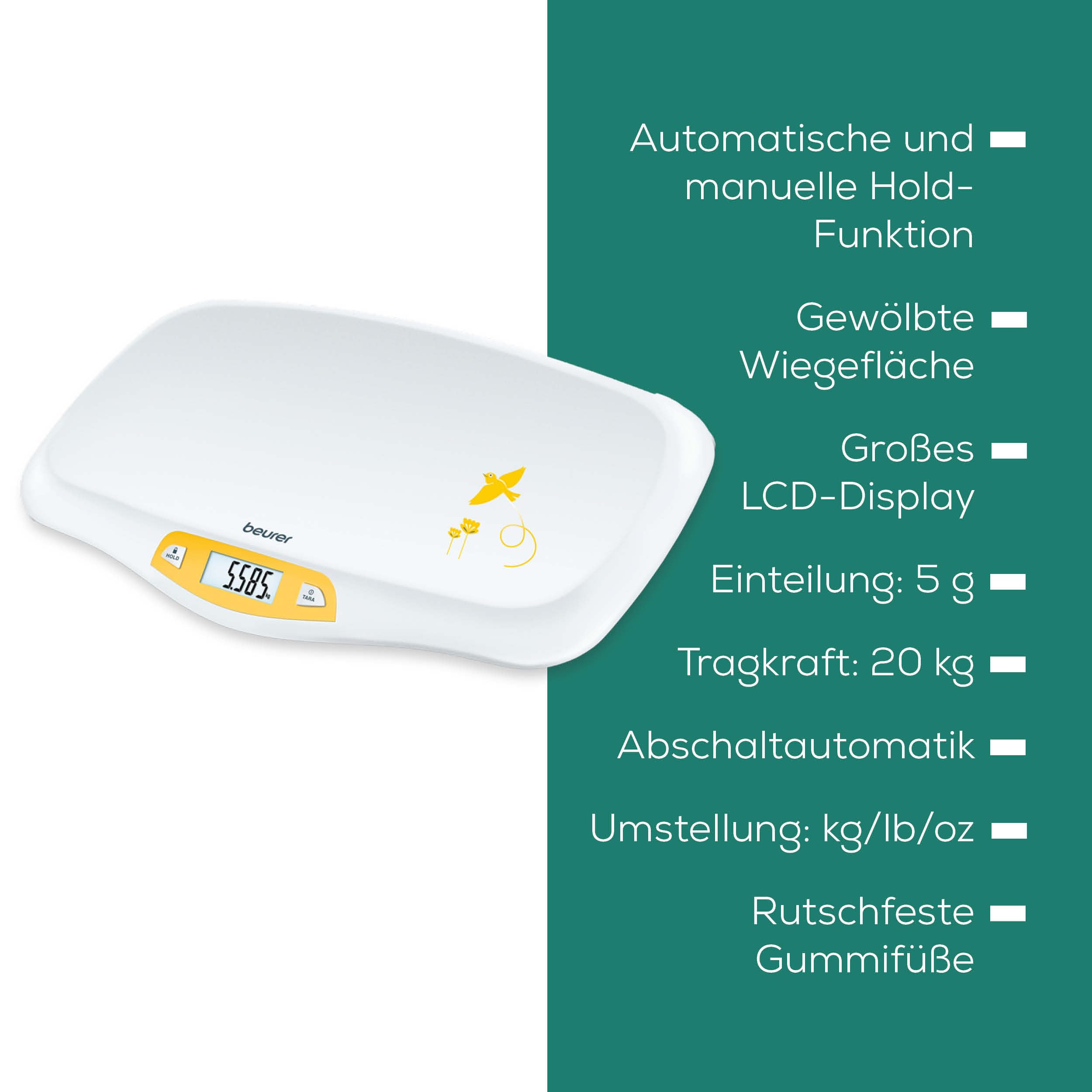Beurer BY 80 Babywaage, mit gewölbter Oberfläche, 20 kg Tragkraft, Tara- und Holdfunktion für strampelnde Babys, Messung und Anzeige in 5g-Schritten, auch als Tierwaage verwendbar