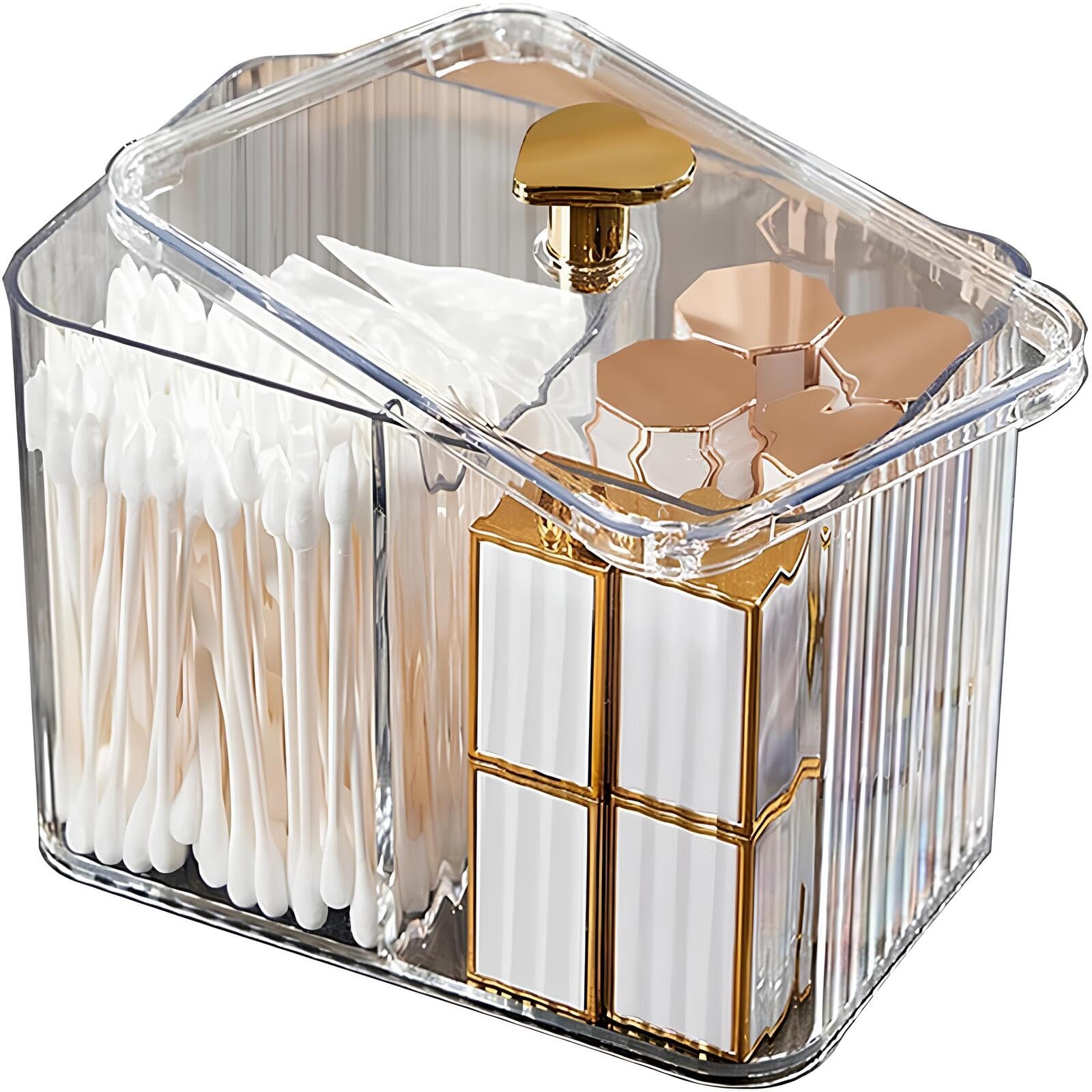 Pinkrin 3-Section Clear Qtip Holder with Dustproof Lid, Bathroom Cotton Ball and Qtip Organizer, Cotton Swab Container for Vanity Canisters Jars for Countertop Storage and Organization (Clear-White)