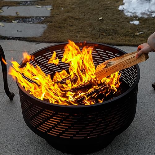 Miniatura 9 de OutVue Fogatas de leña de 26 pulgadas con parrilla y tapa, mesa para fogata para exteriores con cubierta impermeable y póquer para fuego, hoguera al
