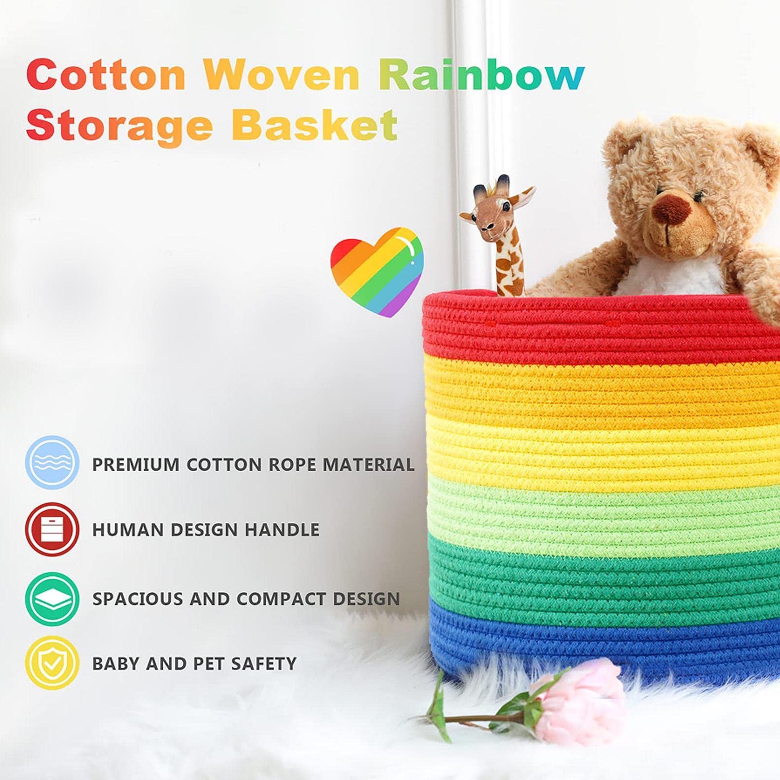 Cesto Portaoggetti In Corda Di Cotone Con Motivo Arcobaleno - Piccolo Cesto Per Giocattoli, Biancheria E Accessori - Decorazione Cameretta - Diametro 25cm, Altezza 20cm