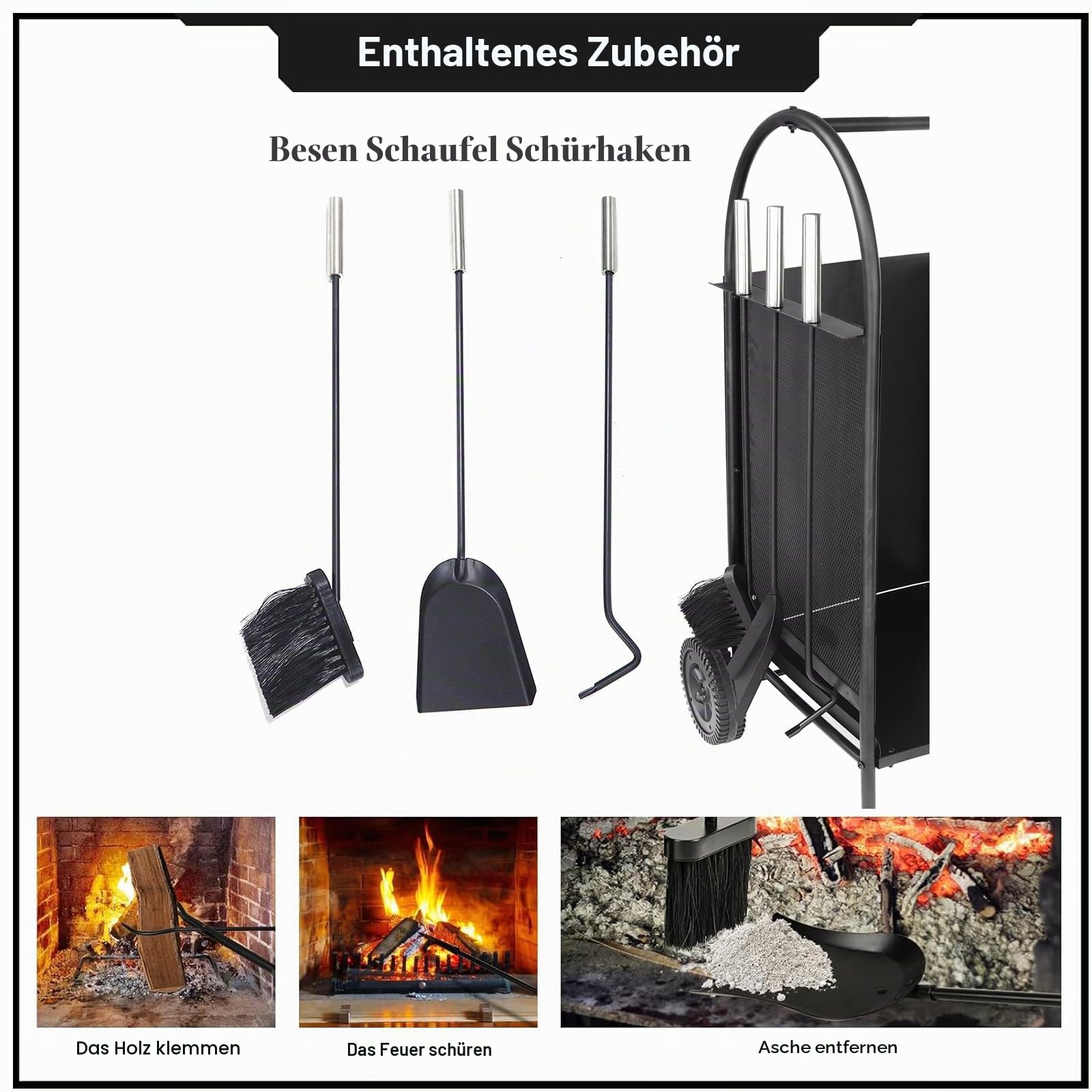 ART TO REAL Brennholz Warenkorb mit Rädern,Brennholzregal Innen Firewood Log Rack mit 3 Tools Kamin Log Carriers Inhaber schwarz Schmiedeeisen Kaminholzwagen mit Rädern