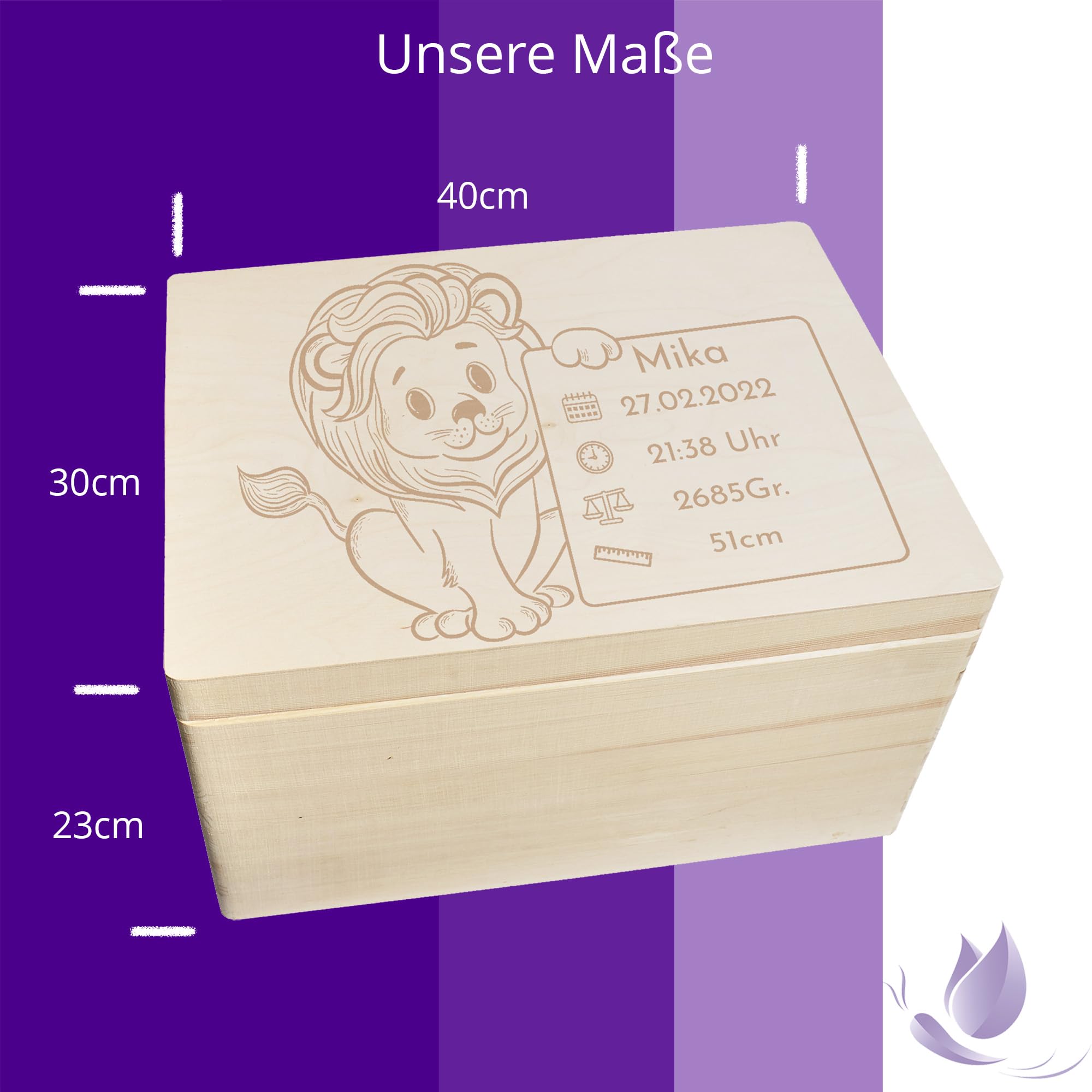Scatola dei ricordi personalizzata per neonati e bambini con incisione a leone, scatola in legno per bei ricordi, 40 x 30 x 23 cm