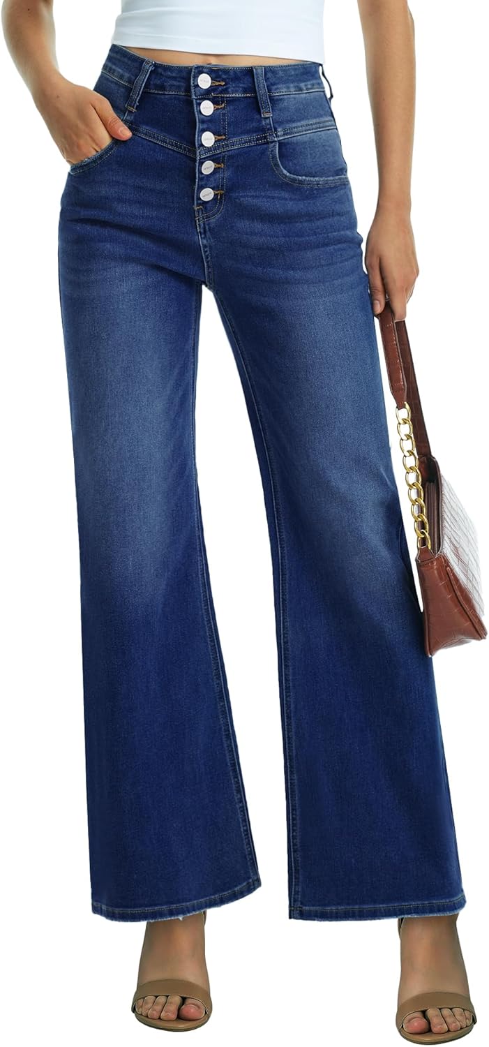 ONESO Flare Jeans for Women High Waist Wide Leg Womens Jeans Stretch Tummy Control Baggy Denim Pants Inseam 30"