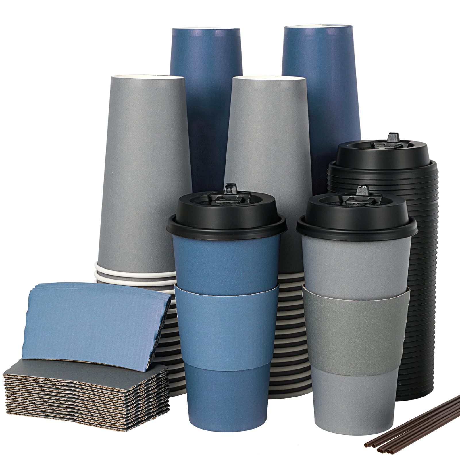 LITOPAK 100 Pack 20 oz Disposable Paper Coffee Cups with Lids, Sleeves and Stirring Sticks for Hot Coffee, Water or Juice, Blue and Gray Hot Paper Cups for Cafes, schools, offices, shops