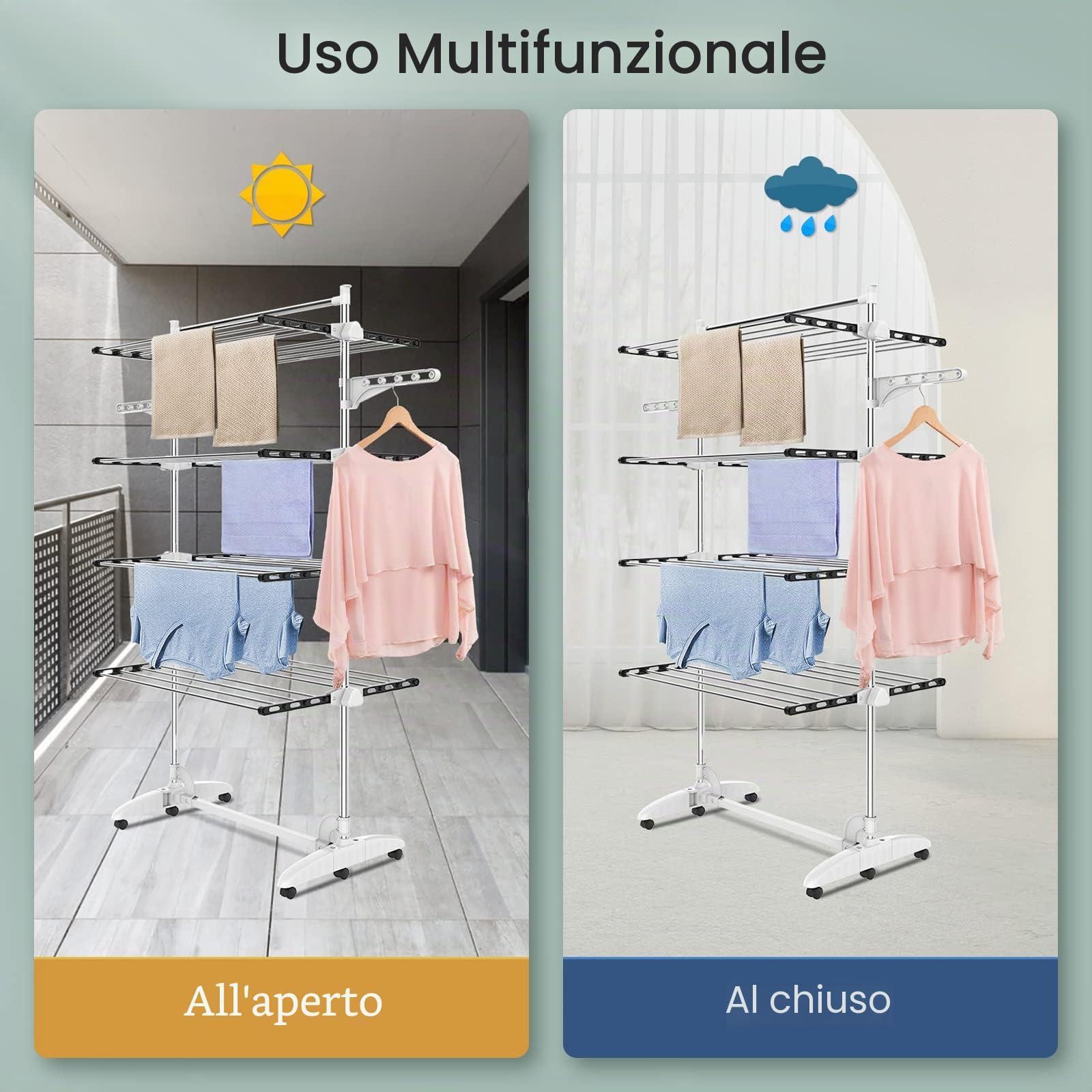 Todeco Stendibiancheria a torre pieghevole a 4 livelli in acciaio inox, asciugabiancheria a torre con 6 ruote, ali, asta superiore, stendibiancheria mobile per balcone, soggiorno, vasca da bagno, nero