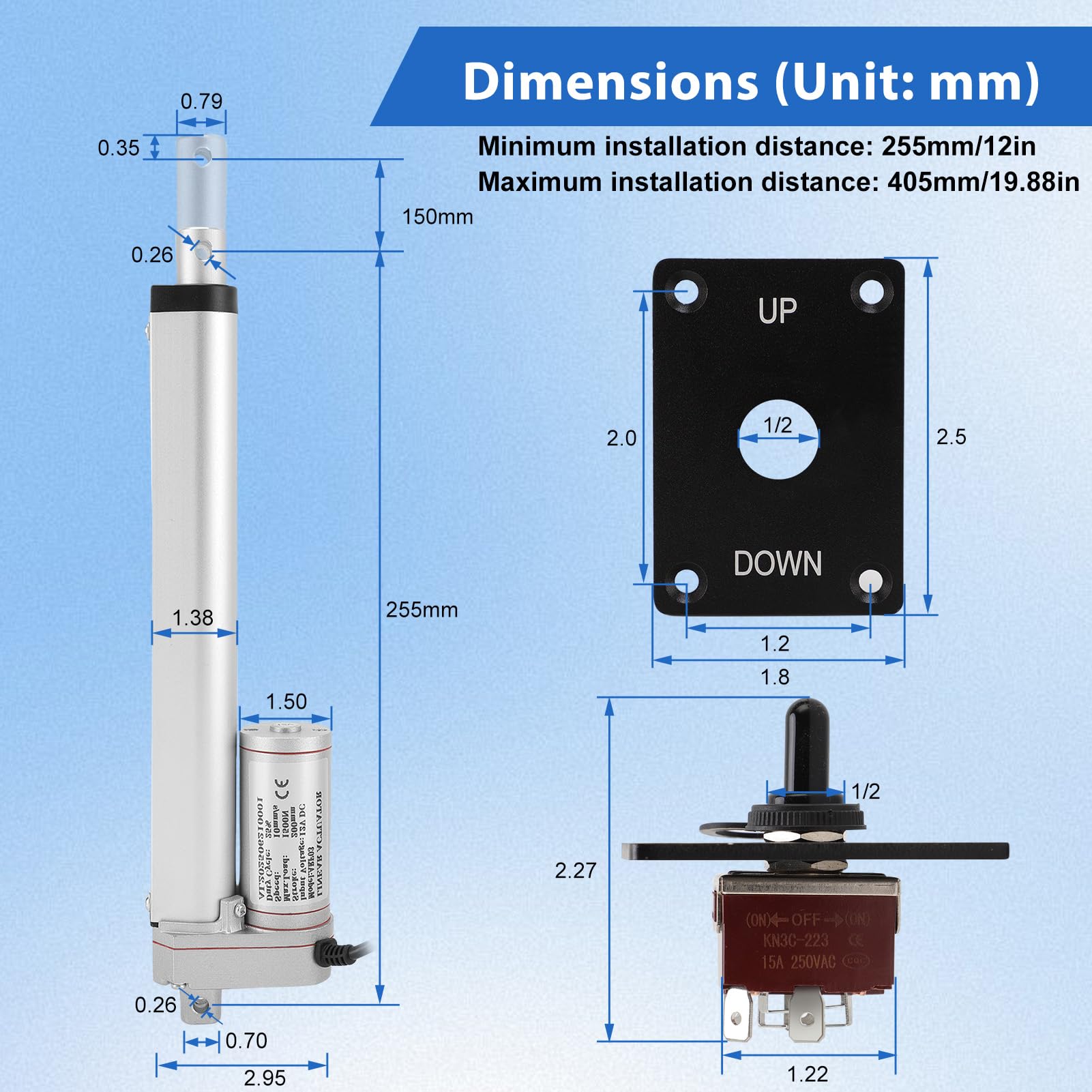 Cilindro eléctrico Accionamiento lineal 1500 N 450 mm DC 12 V IP65 10 mm/s motor de elevación