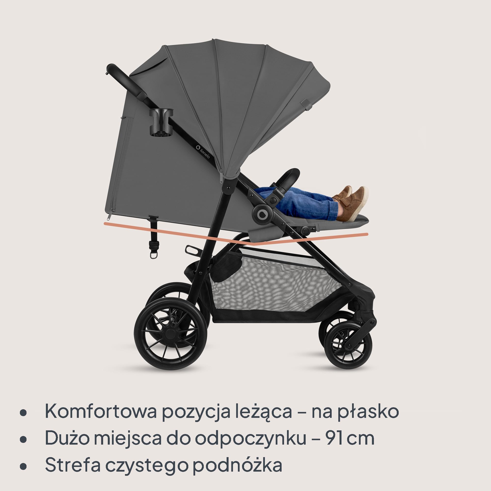 Lionelo Emerald Buggy do 22 kg, 6 miesięcy – 4 lata, koła EVA 360° ze sprężyną, składane jedną ręką, powierzchnia do leżenia 91 cm z regulowanym oparciem, wodoszczelny daszek UPF50+, duży koszyk na