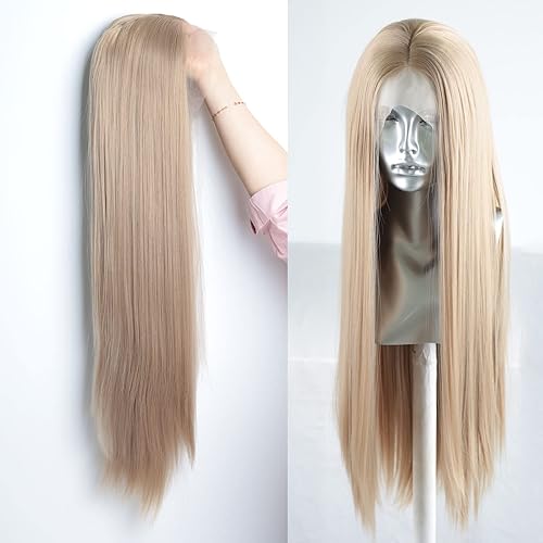 Miniatura 10 de COCOFANS Pelucas rubias cenizas con reflejos, pelucas sintéticas de encaje frontal para mujer, sin pegamento, peluca larga y sedosa, línea de