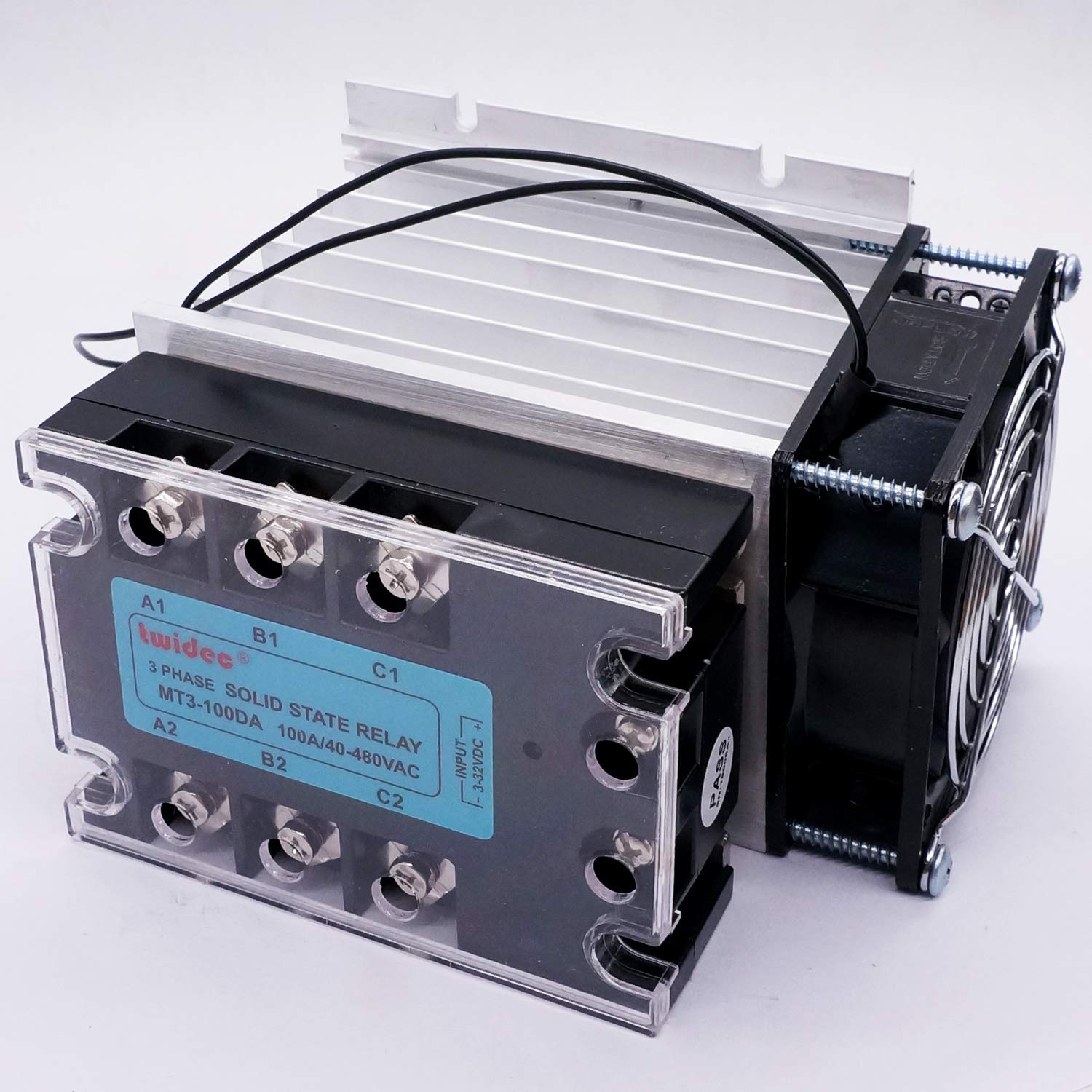 Twidec/3 Phase Solid State Relay 100DA SSR Relay DC to AC 40A 3-32VDC to 40-480V AC Relay + Aluminum Heat Sink + Electric Fan MT3-100DA-SF