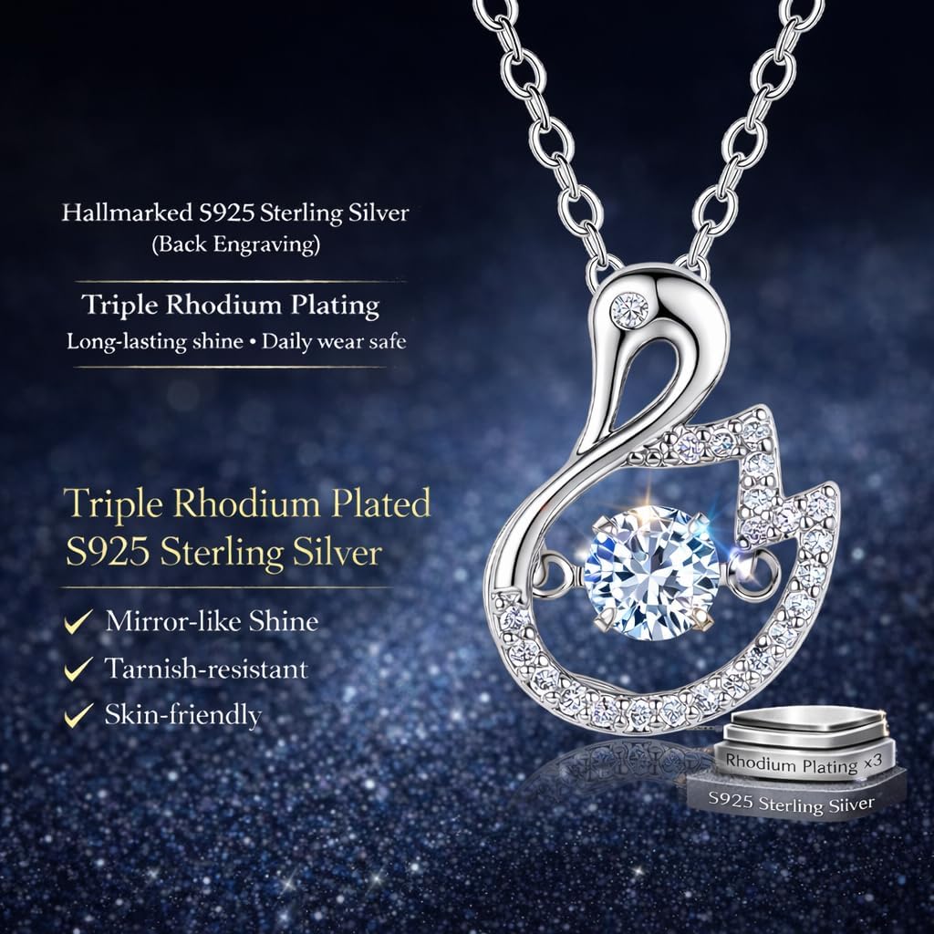S925 Sterling Silver Swan Necklace for Women, Rhodium Plated Pendant with 5A Cubic Zirconia Sparkling Dancing Center Stone, 18”+2” Adjustable Chain, Romantic Gift for Her & Daily Elegance - Image 3