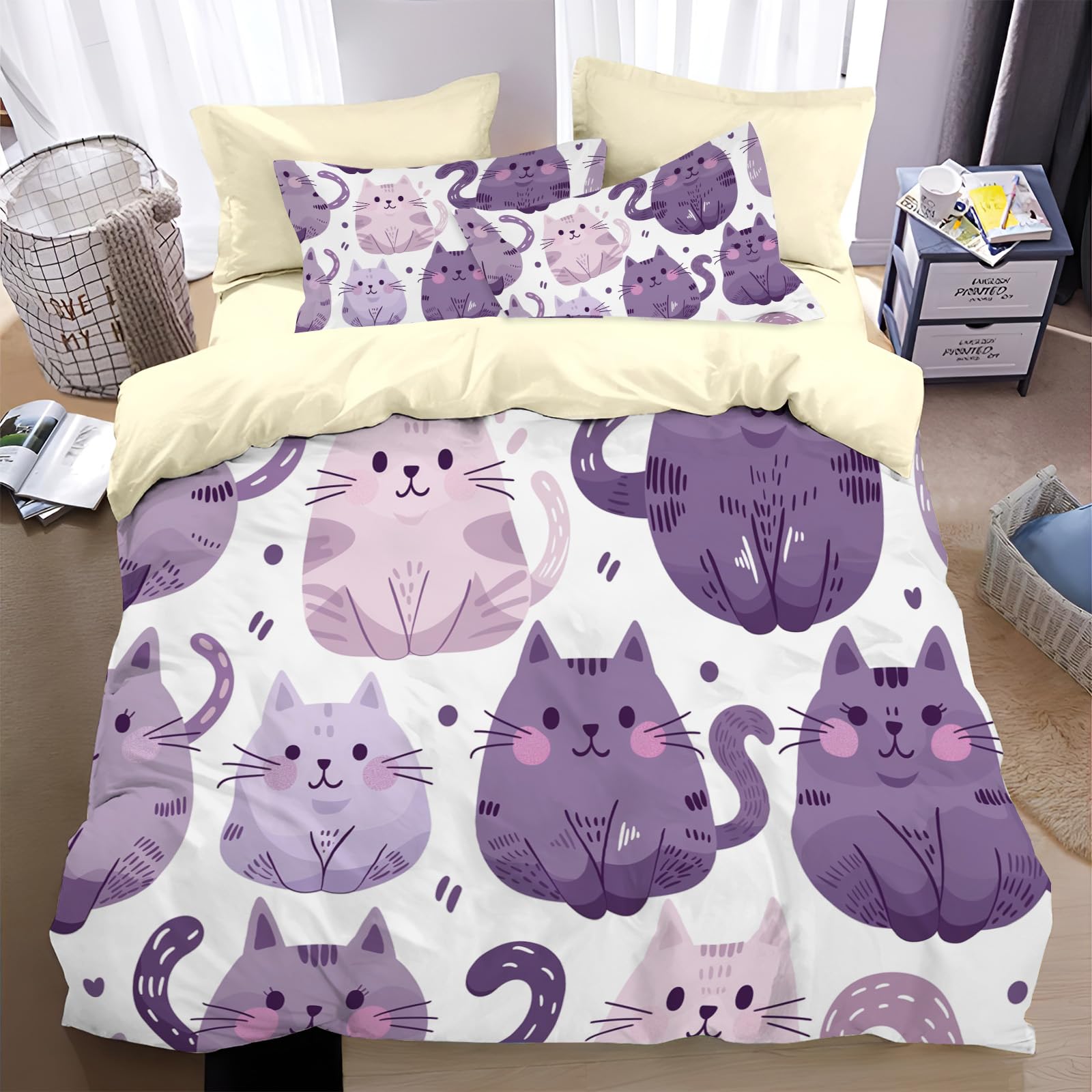Housse de Couette 240x260 Chat en Microfibre Réversible avec 2 Taies d'Oreiller
