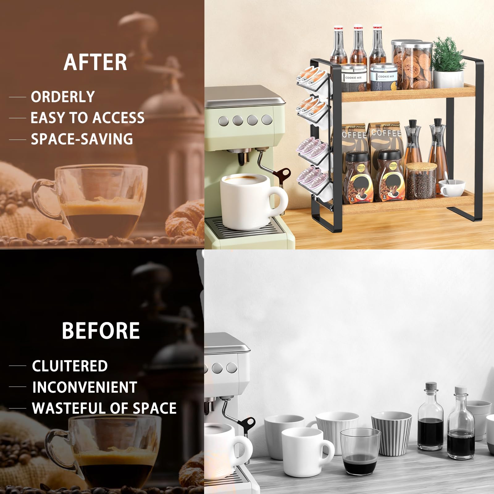 LEMIKKLE Organizador de estación de café para encimera, organizador de almacenamiento de condimentos para cocina, estante de madera de 2 niveles para accesorios de cafetería, organizador de barra de