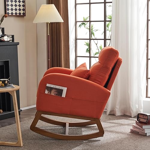 Miniatura 8 de VINGLI Mecedora de lino naranja con reposacabezas grueso, mecedora tapizada de mediados de siglo con reposabrazos curvos, base de madera maciza