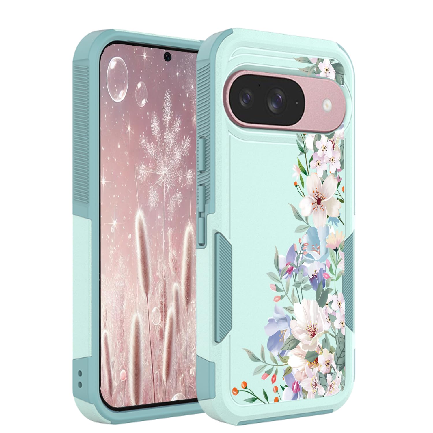 Photo 1 of Ftonglogy for Google Pixel 9/9 Pro & 10/10 Pro Case: Cute Flowers Floral Design for Girls Women Slim Soft TPU Bumper Shockproof Silicone Cell Phone Cover (Mint Green/Magnolia)