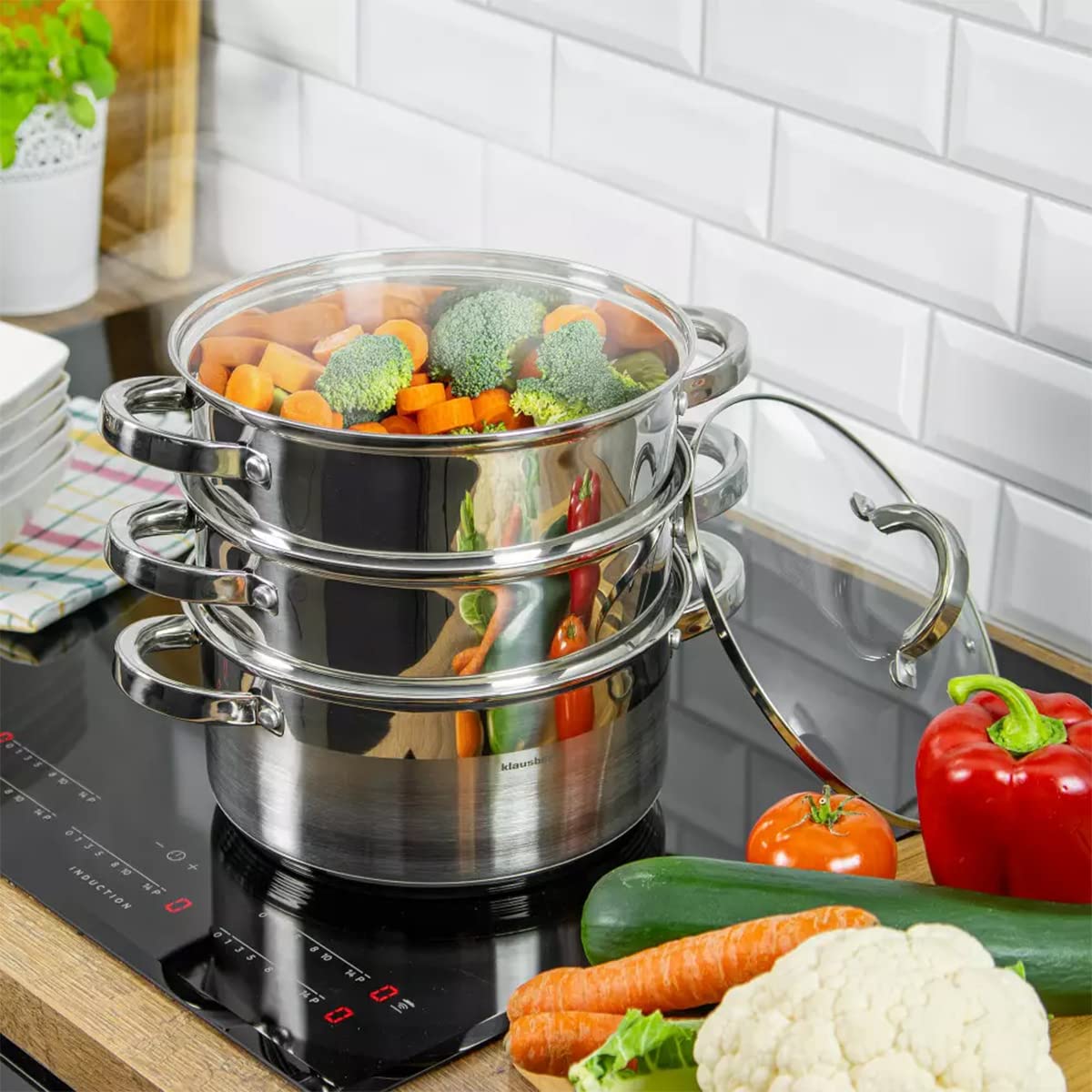 Mantowarka KB-7145 - Juego de cocina al vapor (24 cm, apta para inducción, tapa de cristal, 4 elementos)