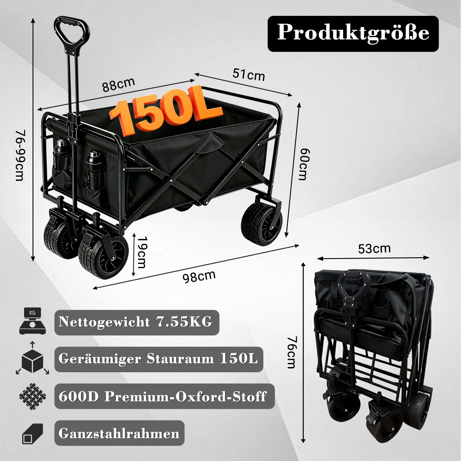 Anise Star Faltbarer Bollerwagen 150L 150KG mit Bremsen Offrad Schwarz