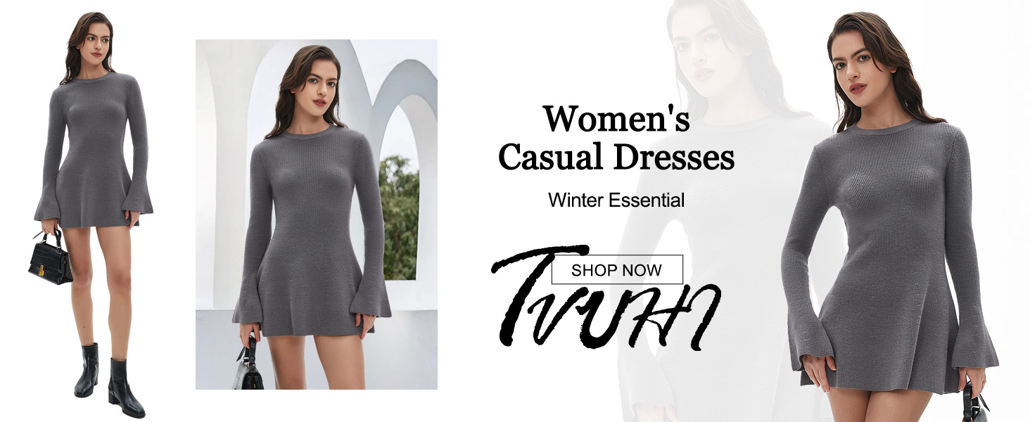 Women's Casual Sweater Dress - Long Sleeve Mini Knit A-Line Dress - Fall Winter Pullover