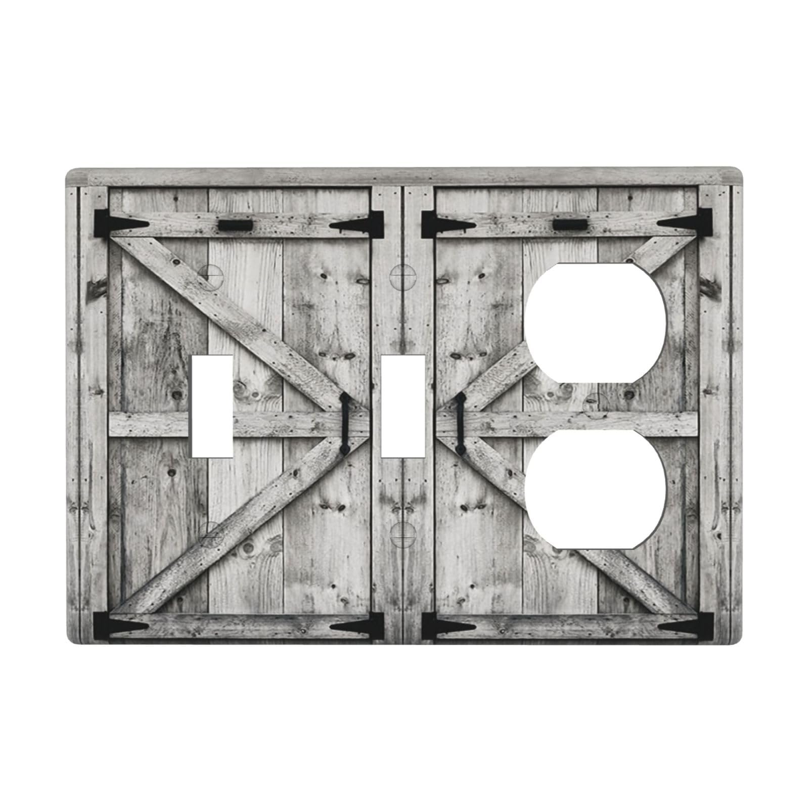 Farm Western Grey Barn Cabin Door 3 Gang Combination 2 Toggle 1 Duplex Receptacle Outlet Covers Light Switch Cover Combo Wallplate Decorative Faceplate