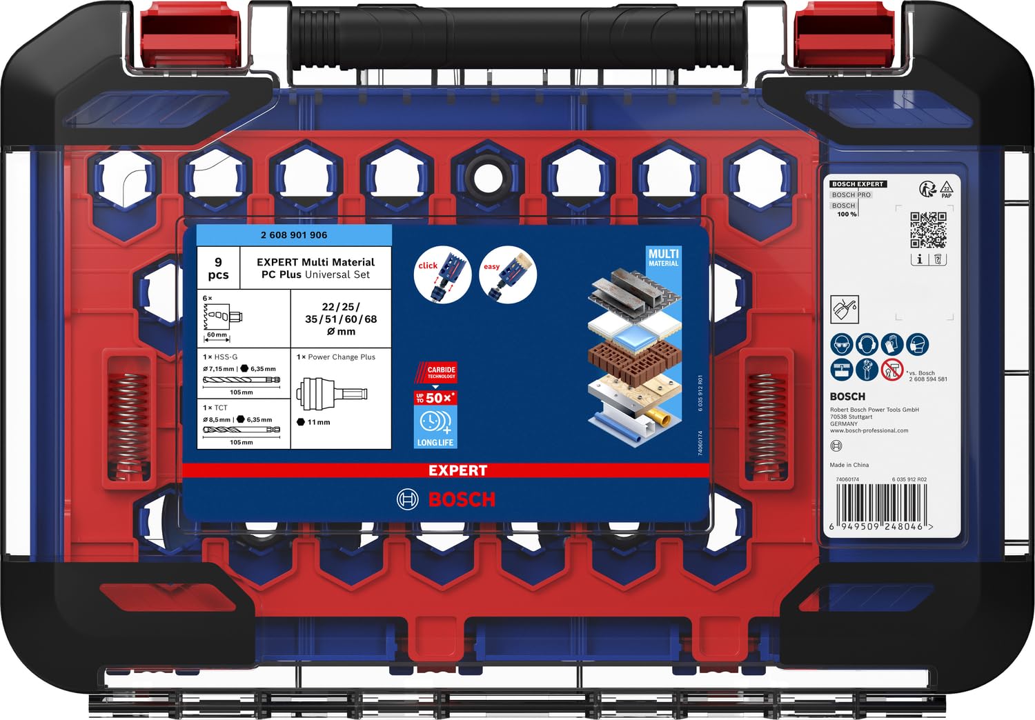 Bosch 9x Zestaw uniwersalnych otwornic EXPERT Multi Material PC Plus (do Drewno z metalem, Cegła, Ø 22, 25, 35, 51, 60, 68 mm, Professional Akcesoria Wiertarki)
