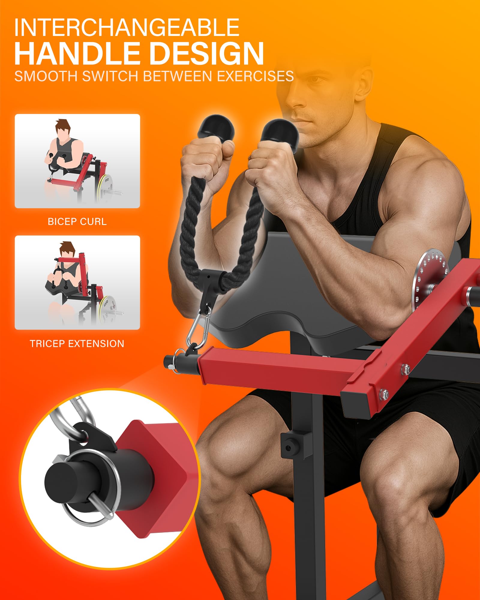 HVO Banco de Bíceps y Tríceps: Banco Ajustable 2-en-1 para Curl de Bíceps y Extensiones de Tríceps Sentado – Banco de Musculación para Entrenamiento de Brazos en Casa, Rojo